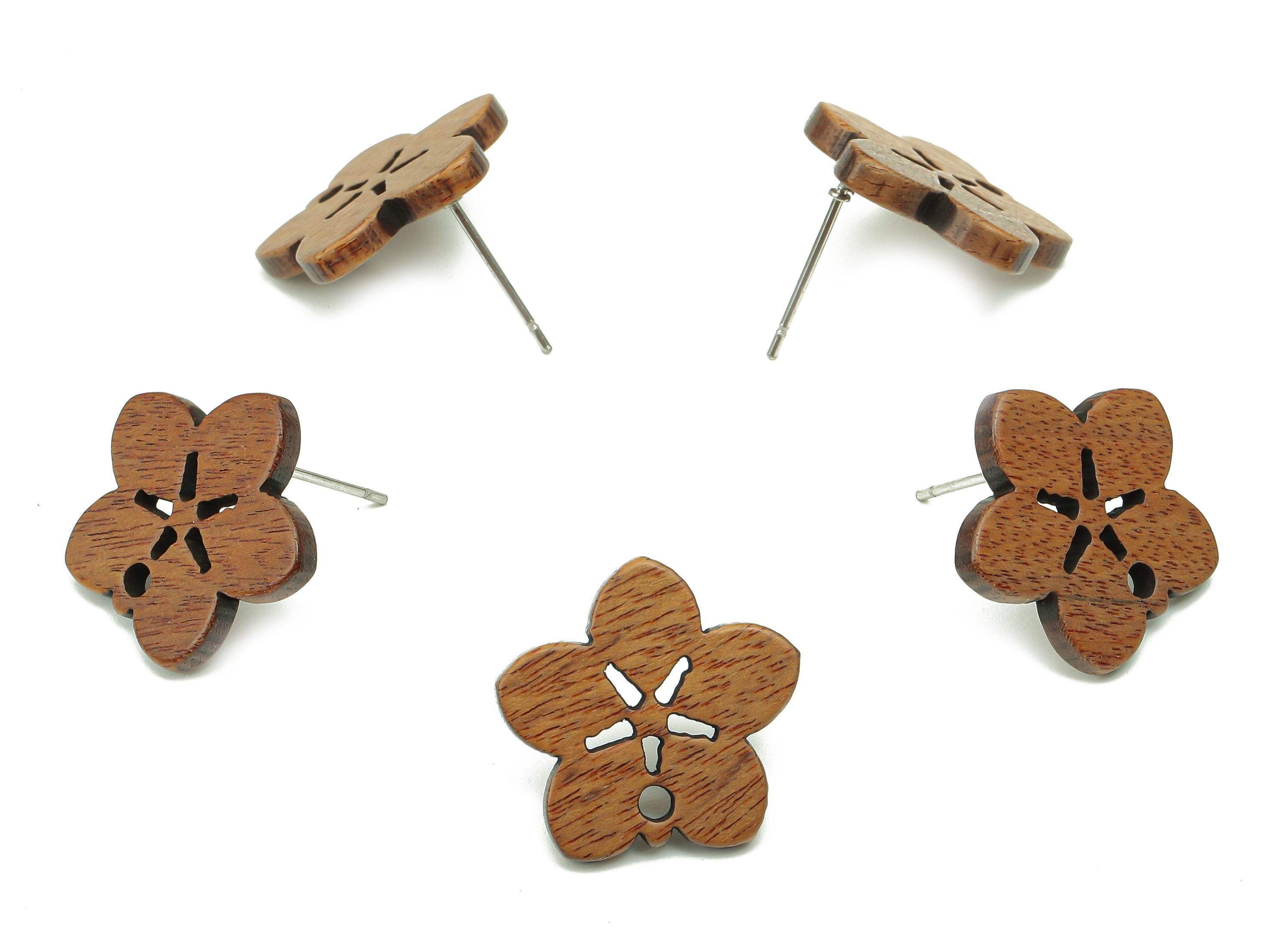 Natural Wooden Flower Earring Stud - Walnut Wood Flower Brown Earring Post - Stainless Steel Stud - 17.33x17.33x2.2mm - BB1267 - DOMEDBAZAAR
