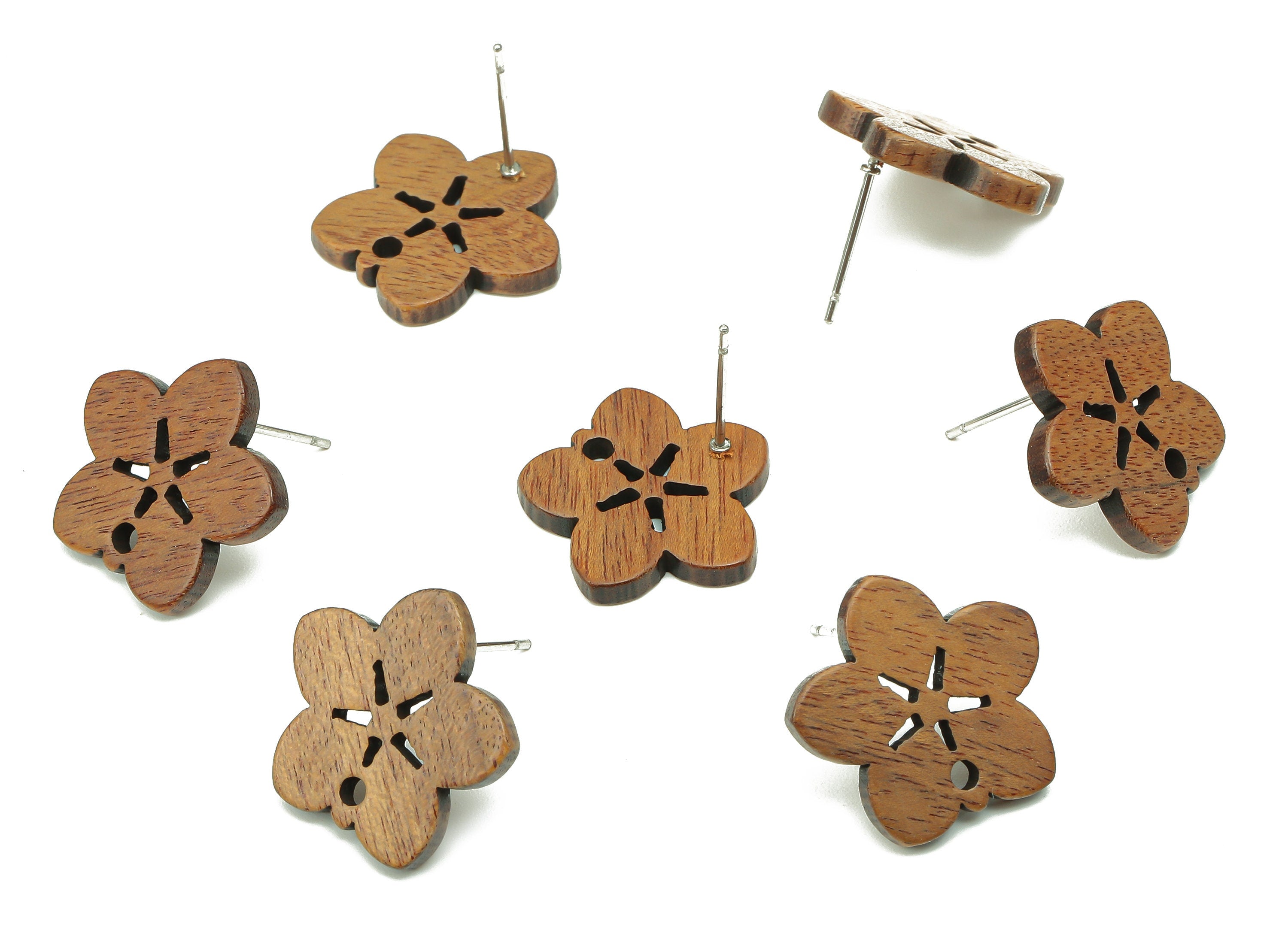 Natural Wooden Flower Earring Stud - Walnut Wood Flower Brown Earring Post - Stainless Steel Stud - 17.33x17.33x2.2mm - BB1267 - DOMEDBAZAAR