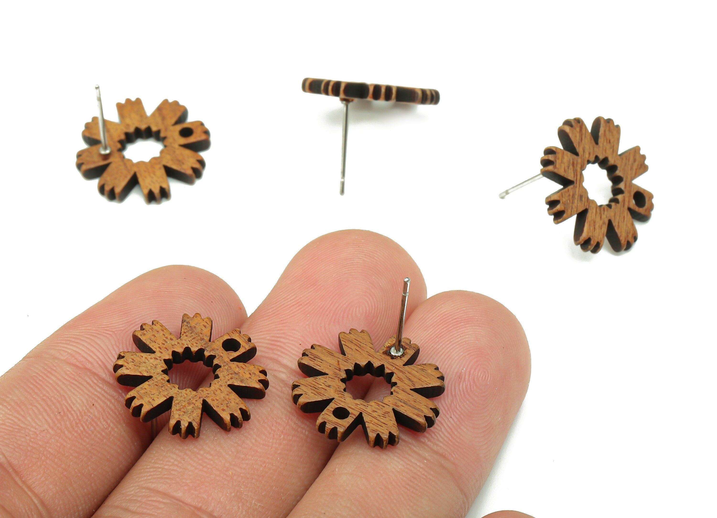 Natural Wooden Flower Earring Stud - Walnut Wood Flower Brown Earring Post - Stainless Steel Stud - 17.27x17.27x2.21mm - BB1268 - DOMEDBAZAAR