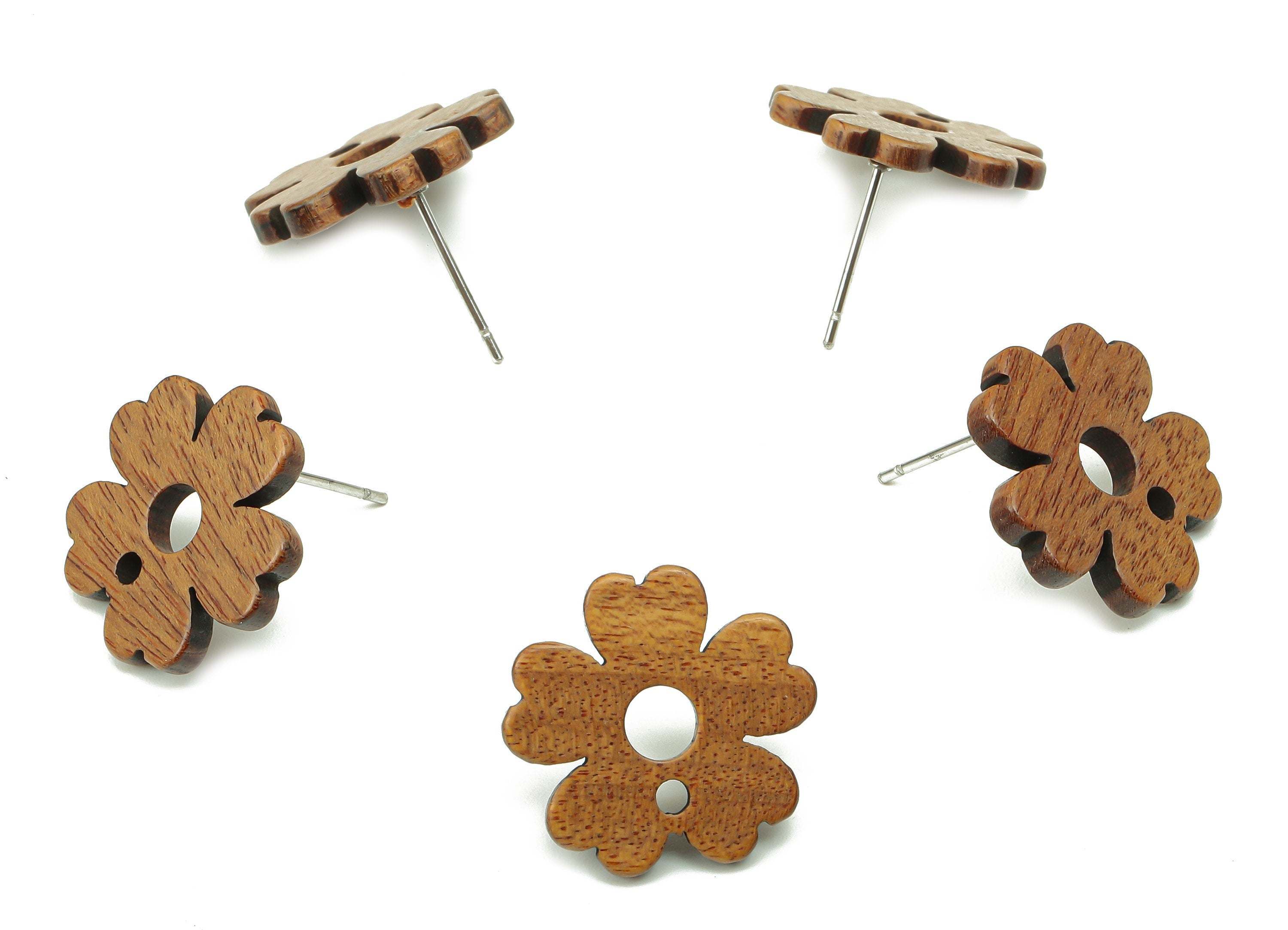 Natural Wooden Flower Earring Stud - Walnut Wood Flower Brown Earring Post - Stainless Steel Stud - 17x17x2.05mm - BB1269 - DOMEDBAZAAR