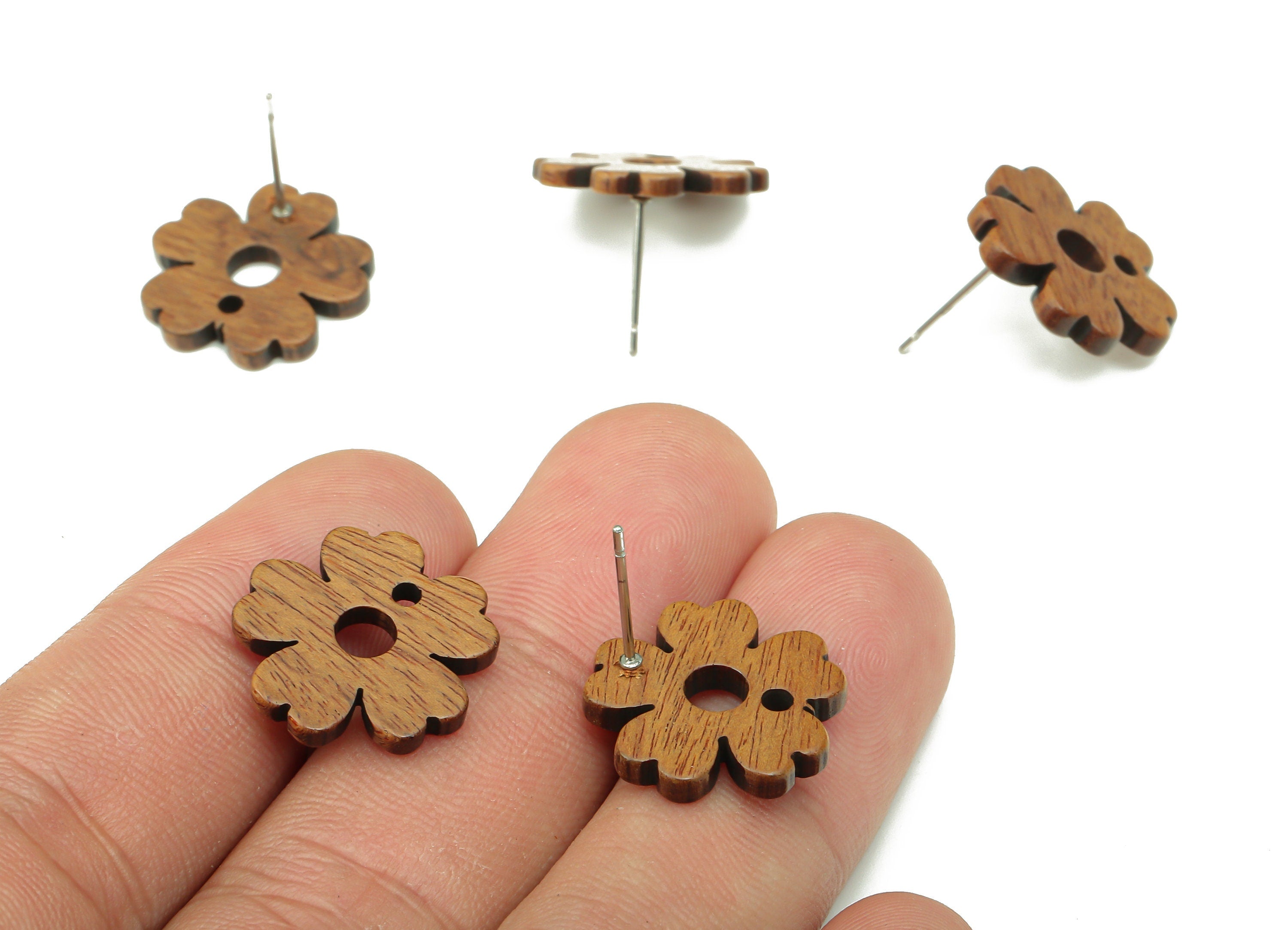 Natural Wooden Flower Earring Stud - Walnut Wood Flower Brown Earring Post - Stainless Steel Stud - 17x17x2.05mm - BB1269 - DOMEDBAZAAR