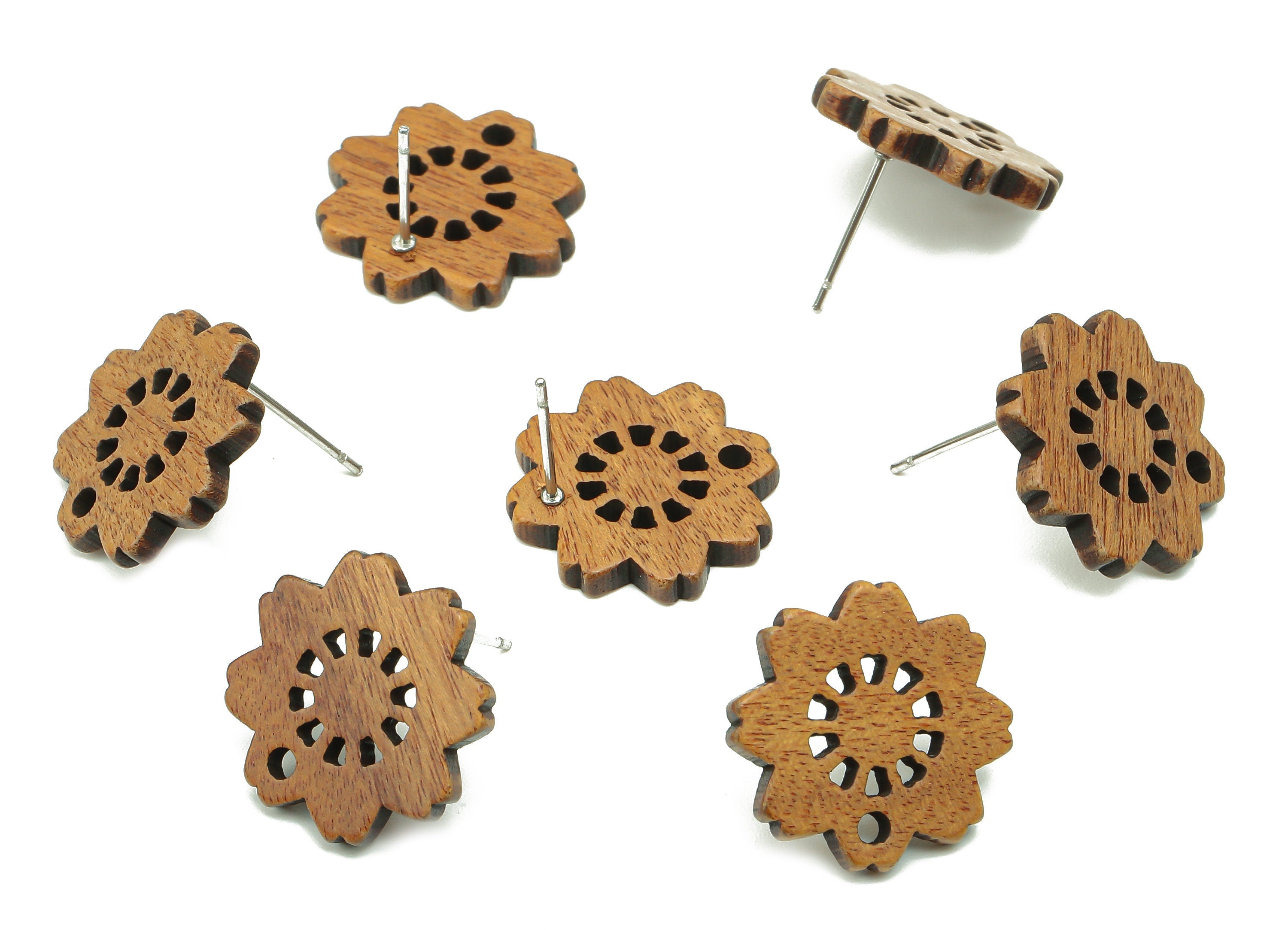 Natural Wooden Flower Earring Stud - Walnut Wood Flower Brown Earring Post - Stainless Steel Stud - 17.22x17.22x2.28mm - BB1270 - DOMEDBAZAAR