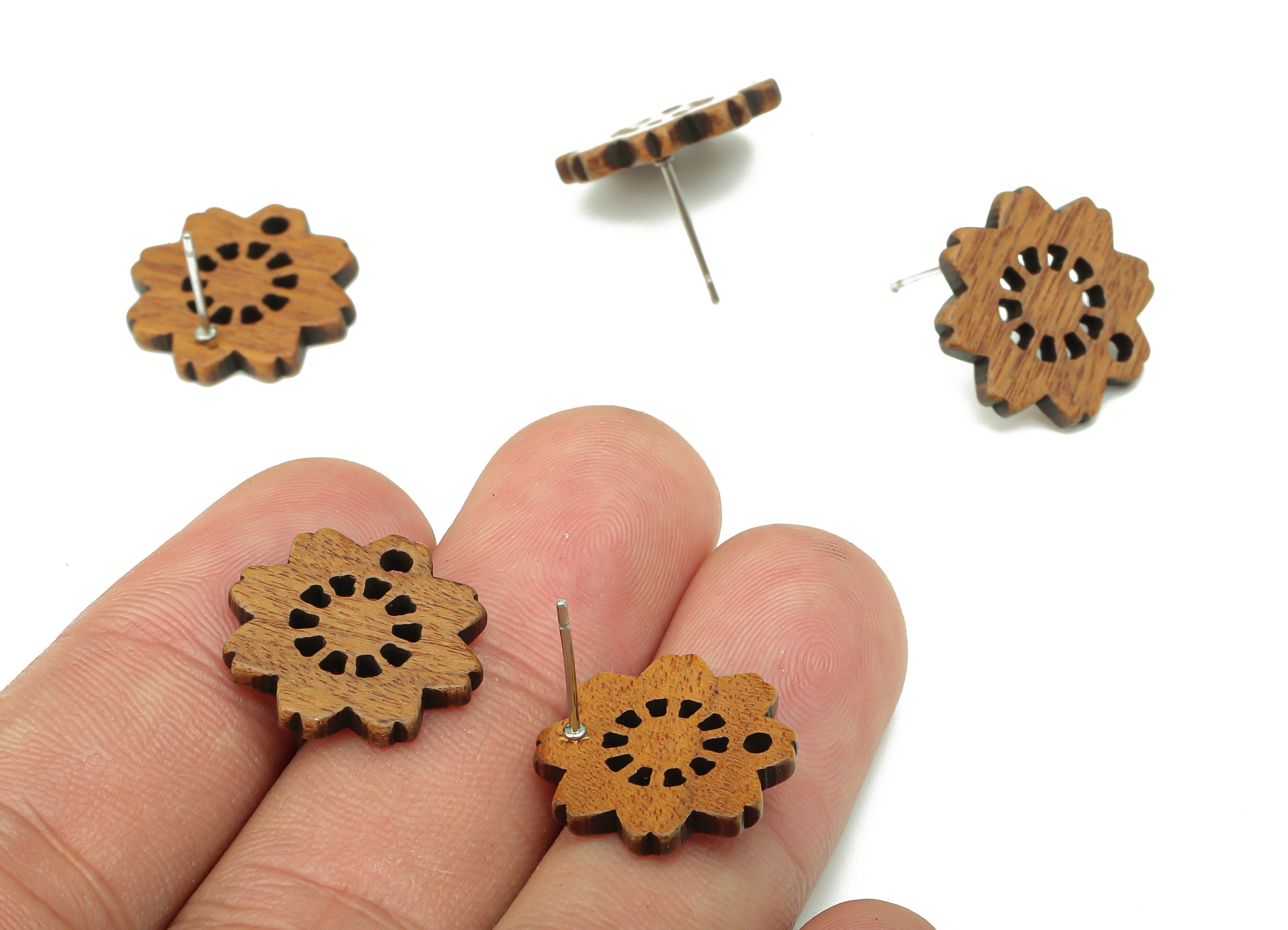 Natural Wooden Flower Earring Stud - Walnut Wood Flower Brown Earring Post - Stainless Steel Stud - 17.22x17.22x2.28mm - BB1270 - DOMEDBAZAAR
