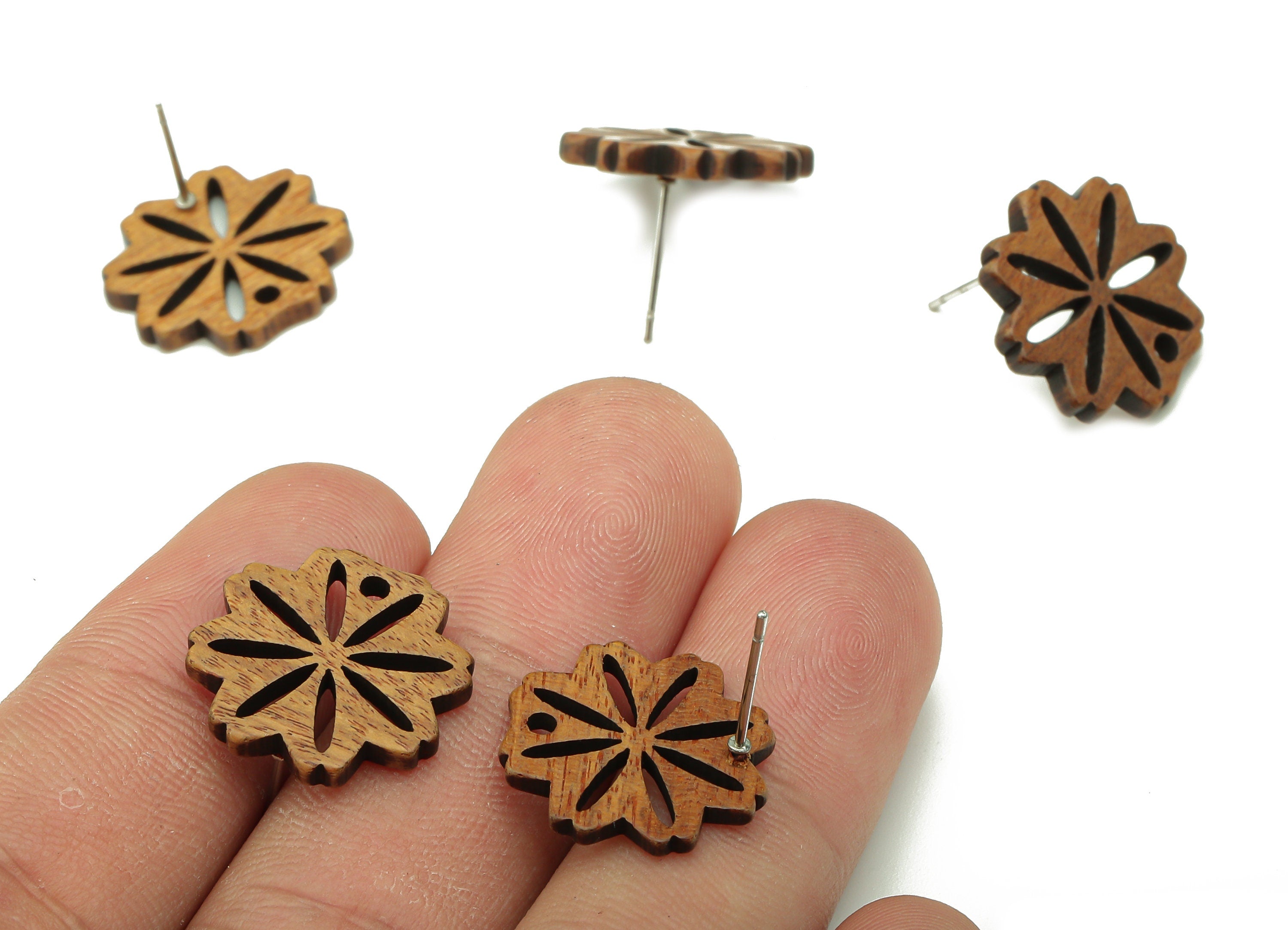Natural Wooden Flower Earring Stud - Walnut Wood Flower Brown Earring Post - Stainless Steel Stud - 17.23x16.98x2.86mm - BB1271 - DOMEDBAZAAR