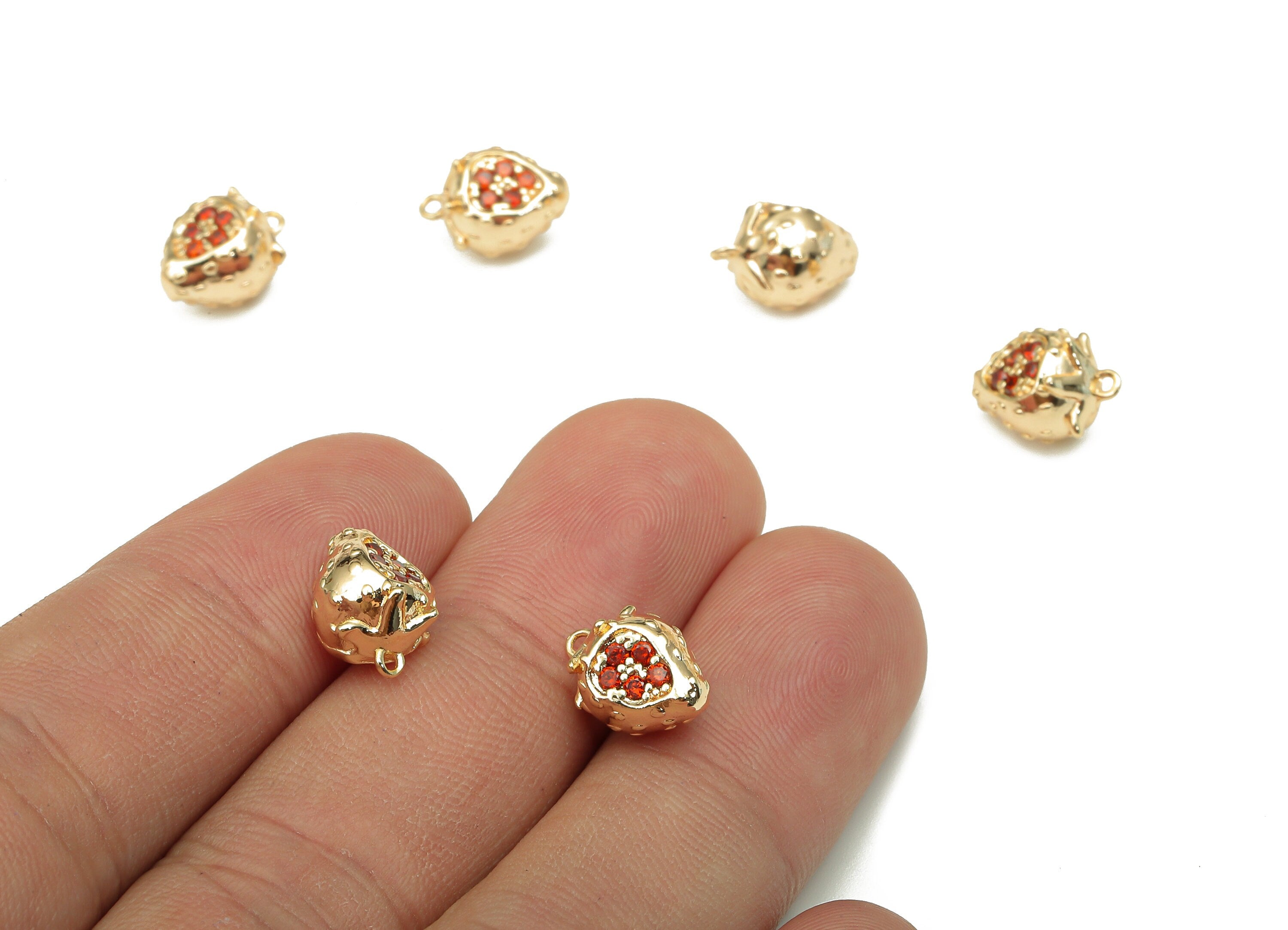 Brass Strawberry Earring Charm - Gold Zircon Mini Fruit Charm - Fruit Pendant With Loop - 18K Real Gold Plating - 11.4x8.2x7mm - RGP5327 - DOMEDBAZAAR