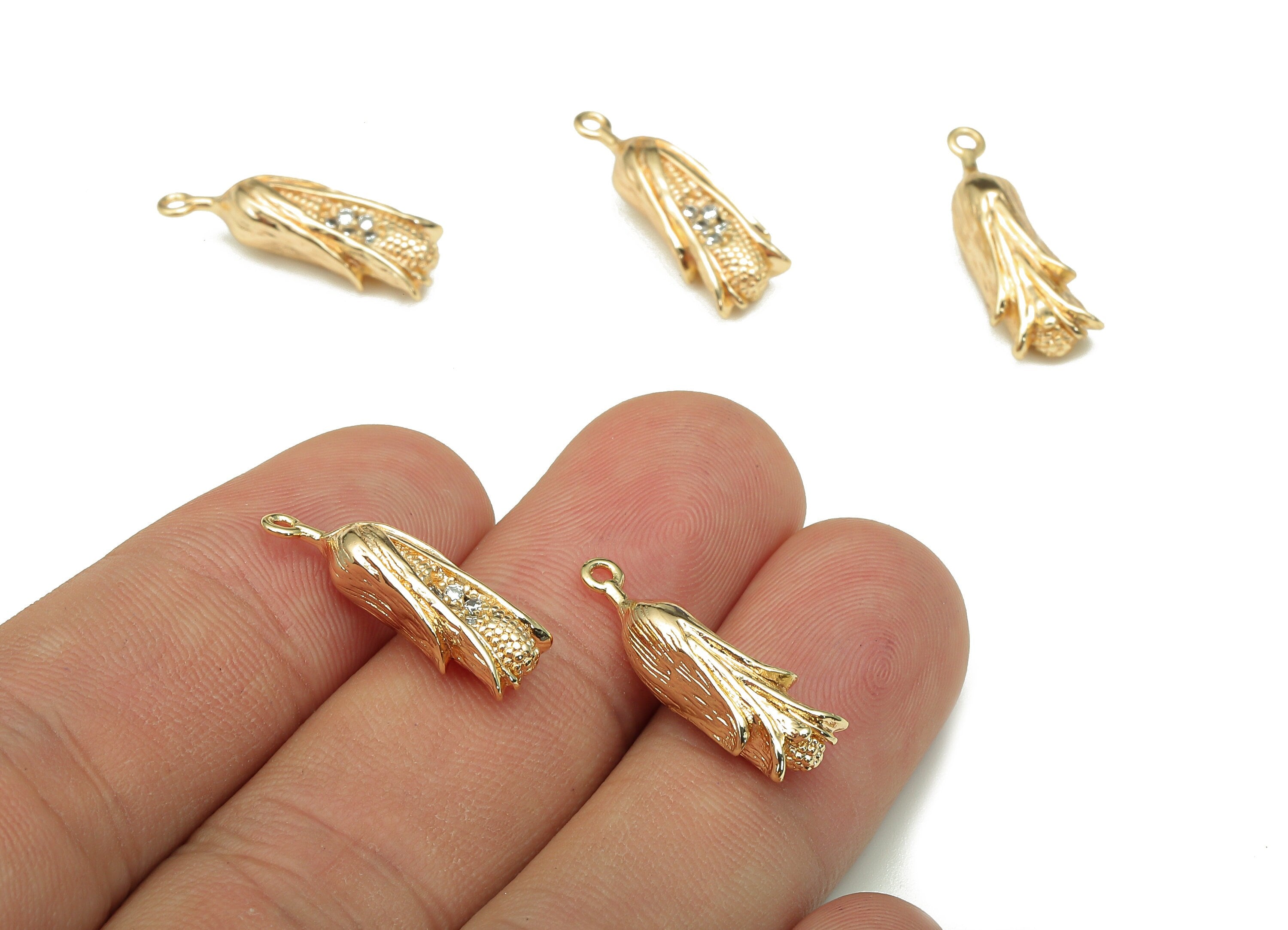 Brass Corn Earring Charm - Gold Zircon Cornhusk Vegetable Charm - Maize Pendant With Loop - 18K Real Gold Plating - 21.5x6.8x6mm - RGP5329 - DOMEDBAZAAR