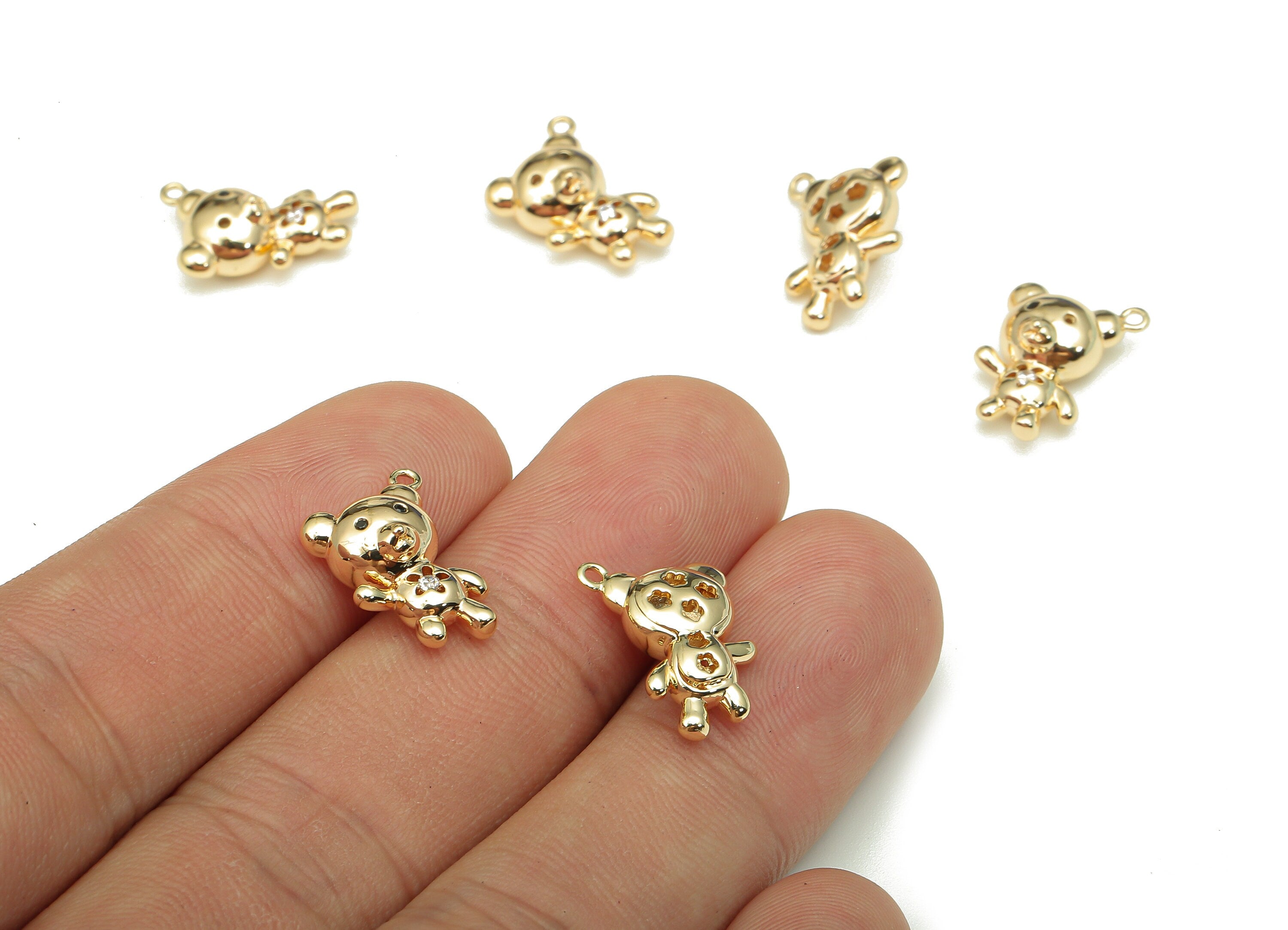 Brass Teddy Bear Charm - Zircon Baby Bear Earring - Animal Pendant With Loop - For Necklace - 18K Real Gold Plating - 15x10.8x6mm -RGP5315 - DOMEDBAZAAR