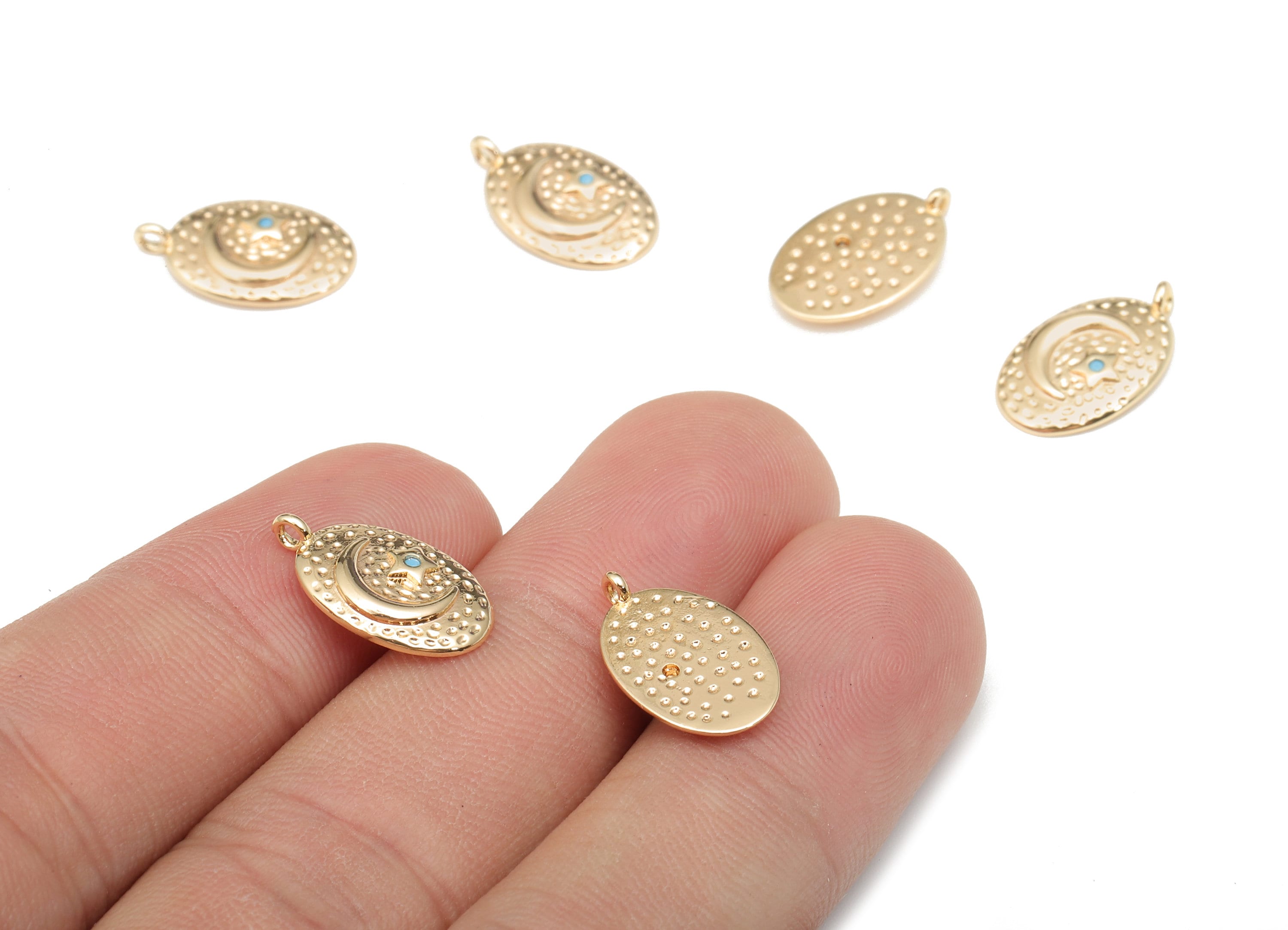 Brass Hammered Moon Star Earring - Zircon Dot Textured Oval Charm - Crescent Pendant With Loop -18K Real Gold Plating-15.8x9.5x1.8mm-RGP5314 - DOMEDBAZAAR