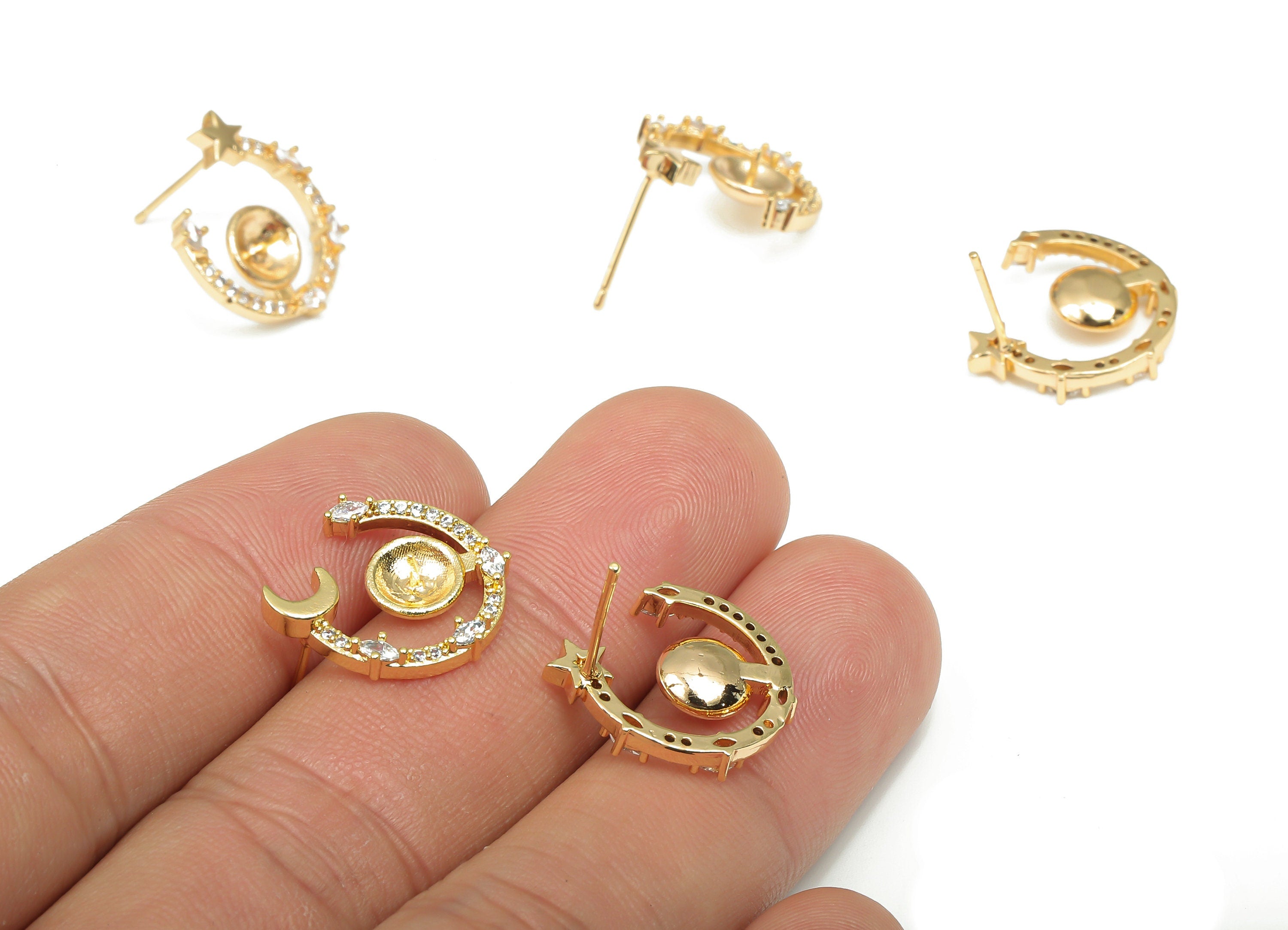 Brass Open Round Earring Stud - Zircon Crescent Star Post - 925 Silver Stud For Pearl - 18K Real Gold Plating - 15.5x14.9x2.7mm - RGP4612 - DOMEDBAZAAR