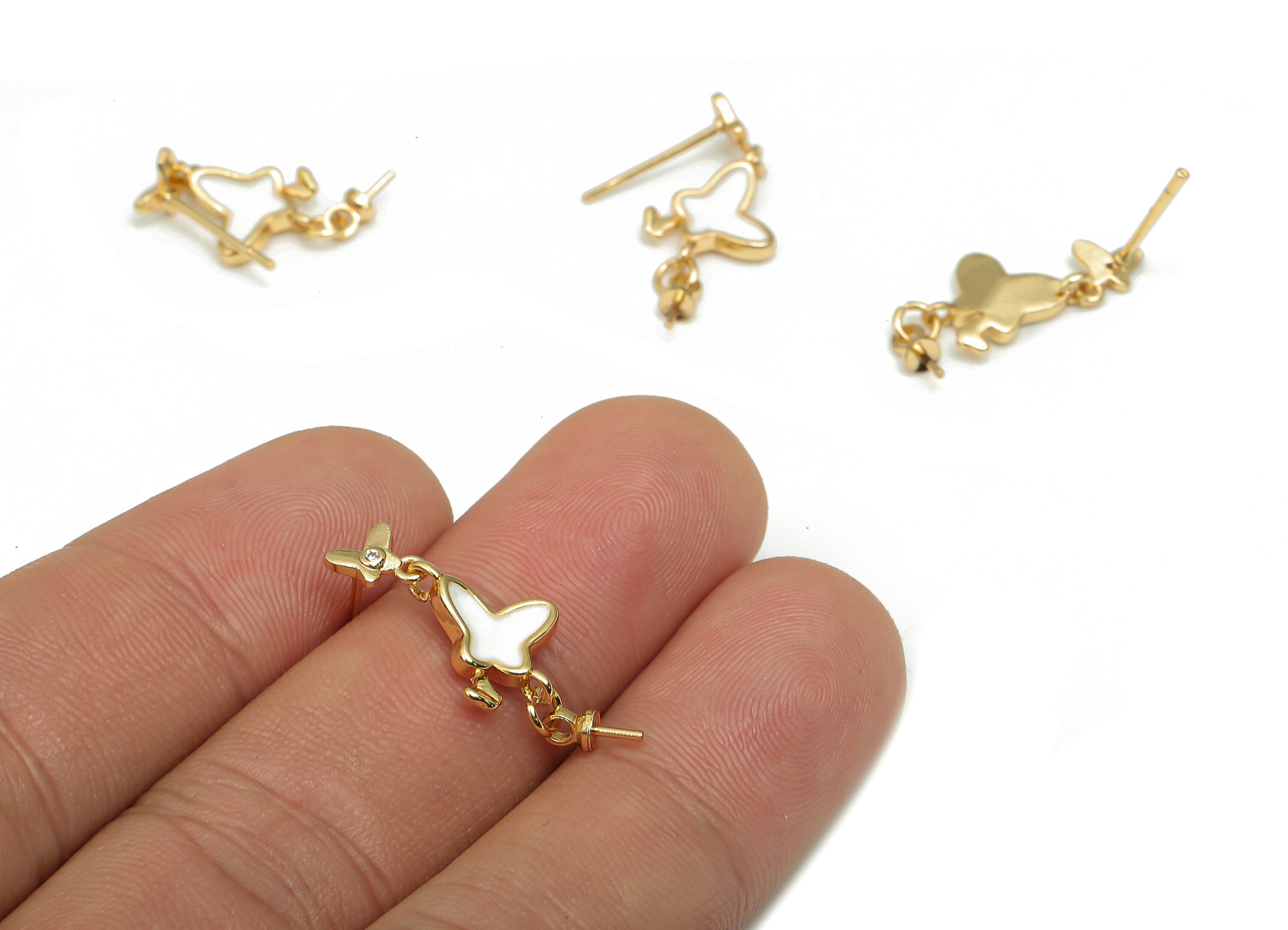 Brass Enamel Butterfly Earring Stud - Zircon Butterfly Post - 925 Silver Stud For Pearl - 18K Real Gold Plating - 26.04x8.8x2.9mm - RGP4614 - DOMEDBAZAAR