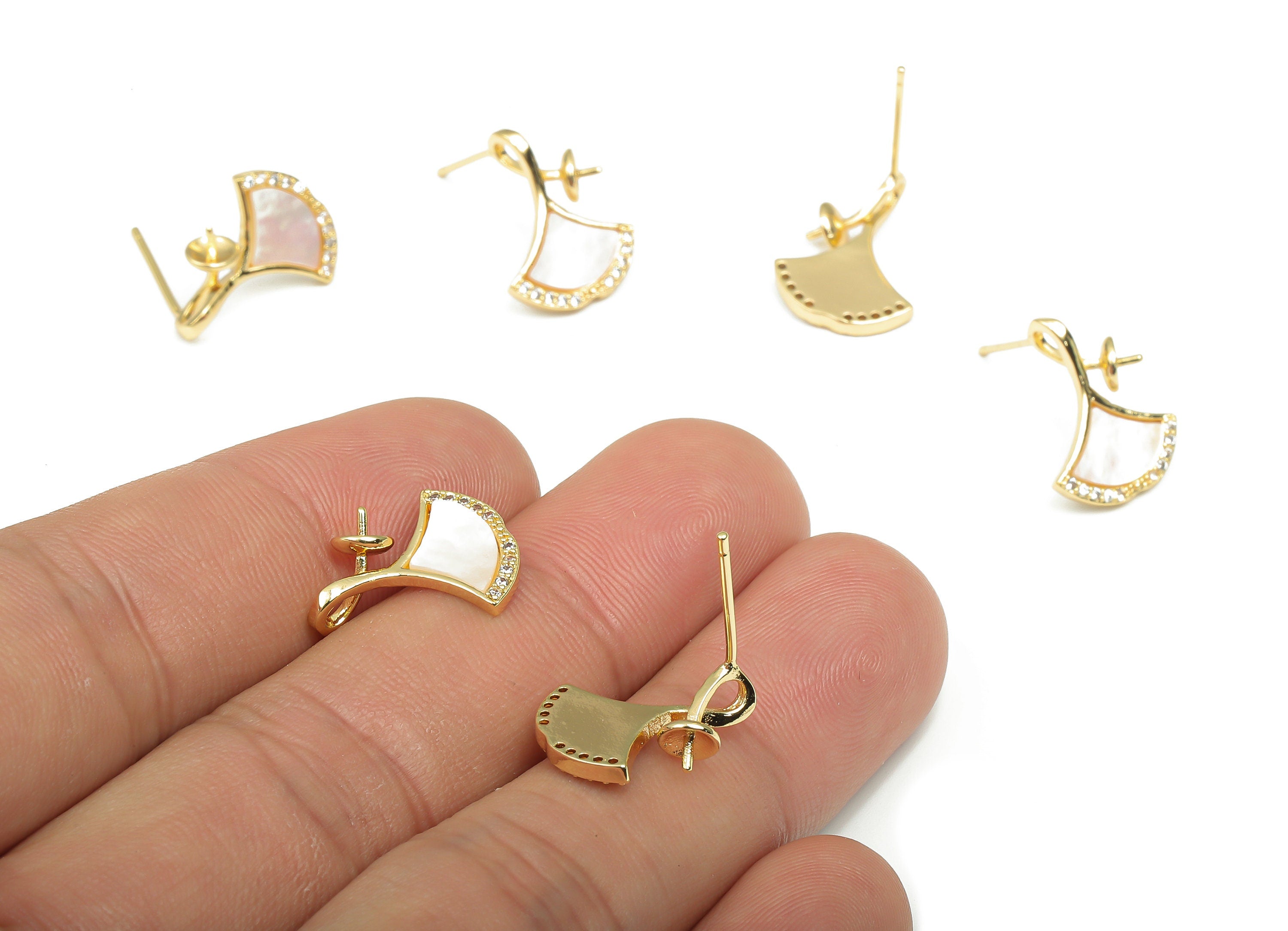 Brass Ginkgo Earring Stud - Shell Sector Earring Post - Fan Earring - 925 Silver Stud - 18K Real Gold Plating - 15.9x12.23x1.93mm - RGP4652 - DOMEDBAZAAR