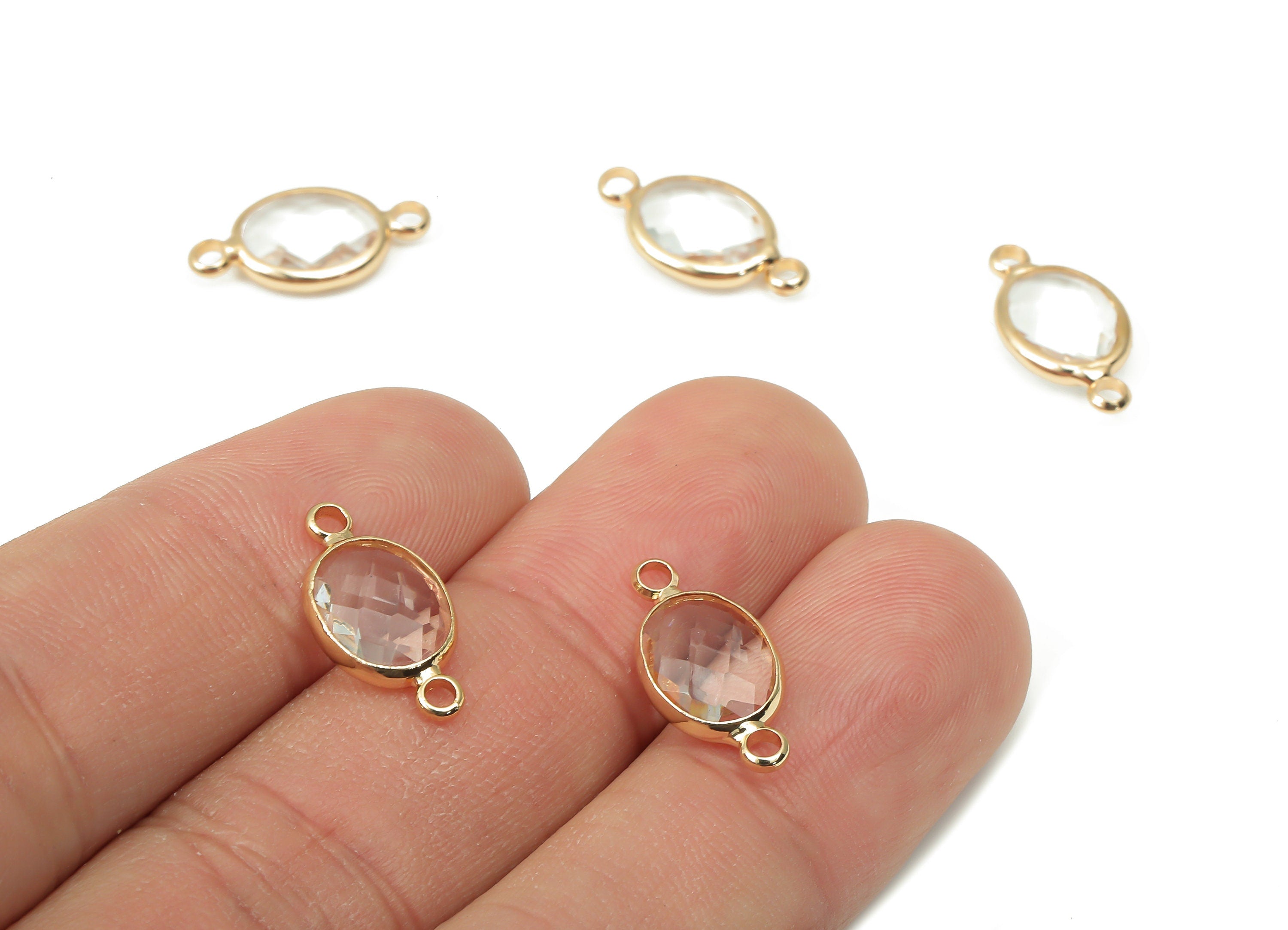Brass Clear Glass Oval Earring Connector - Oval Frame Bracelet - Gold Tone Plating - Faceted Transparent Glass - 16.6x8.6x3.8mm - GS1137E - DOMEDBAZAAR