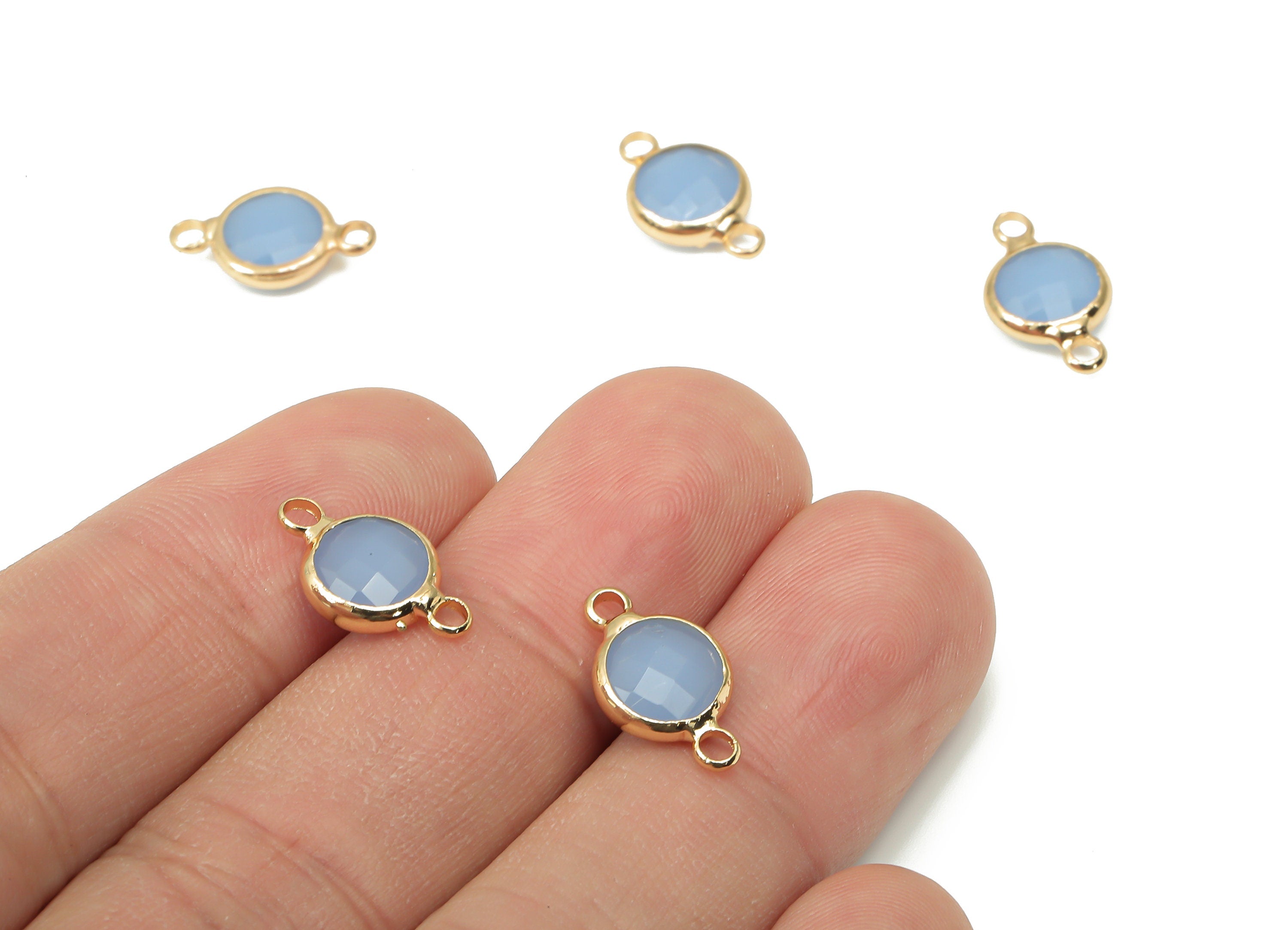 Brass Glass Round Earring Connector - Light Blue Circle Frame Bracelet - Gold Tone Plated Brass - Faceted Glass - 14.4x8.7x3.3mm - GS1138B - DOMEDBAZAAR