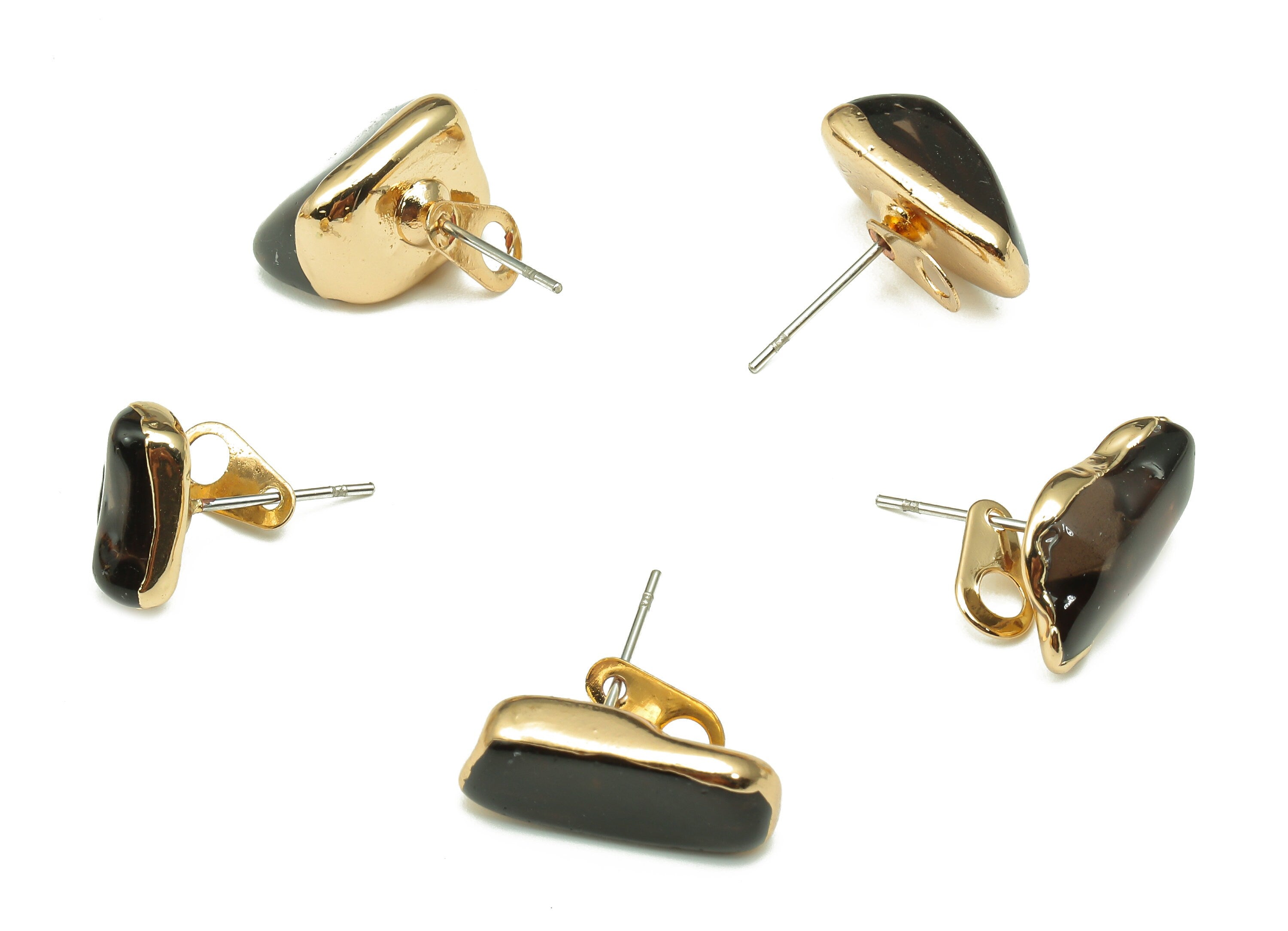 Smoky Quartz Earring Stud - Natural Stone Earring Post - Gold Tone Plated Brass - Quartz Earring - 15.73x8.51x6.08mm - NS1866B - DOMEDBAZAAR
