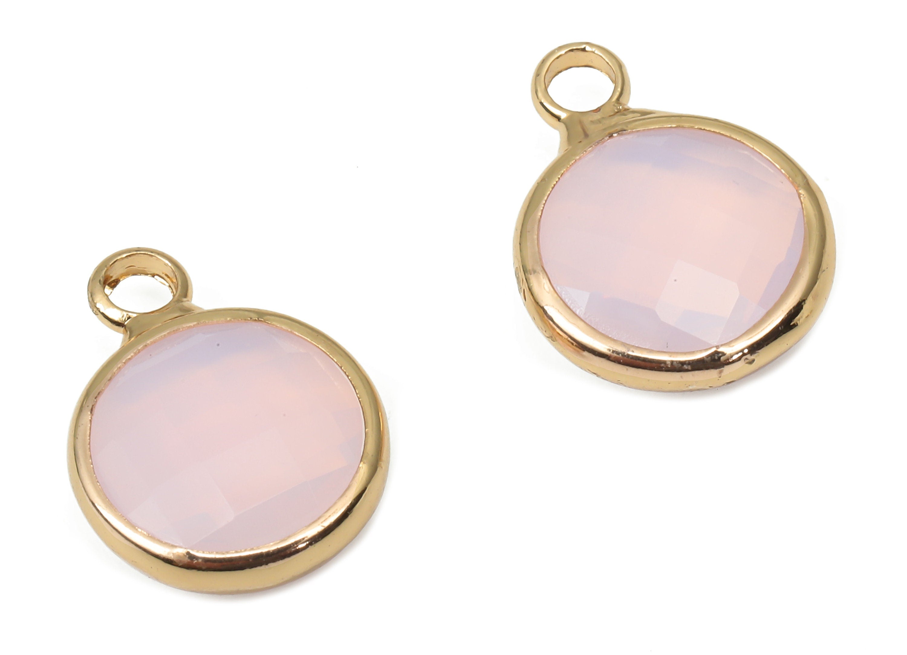 Brass Round Glass Pendant - Brass Frame Necklace Charm With Loop - Gold Tone Plating Earring - Faceted Pink Glass - 14.1x10.6x3.8mm -GS1141B - DOMEDBAZAAR