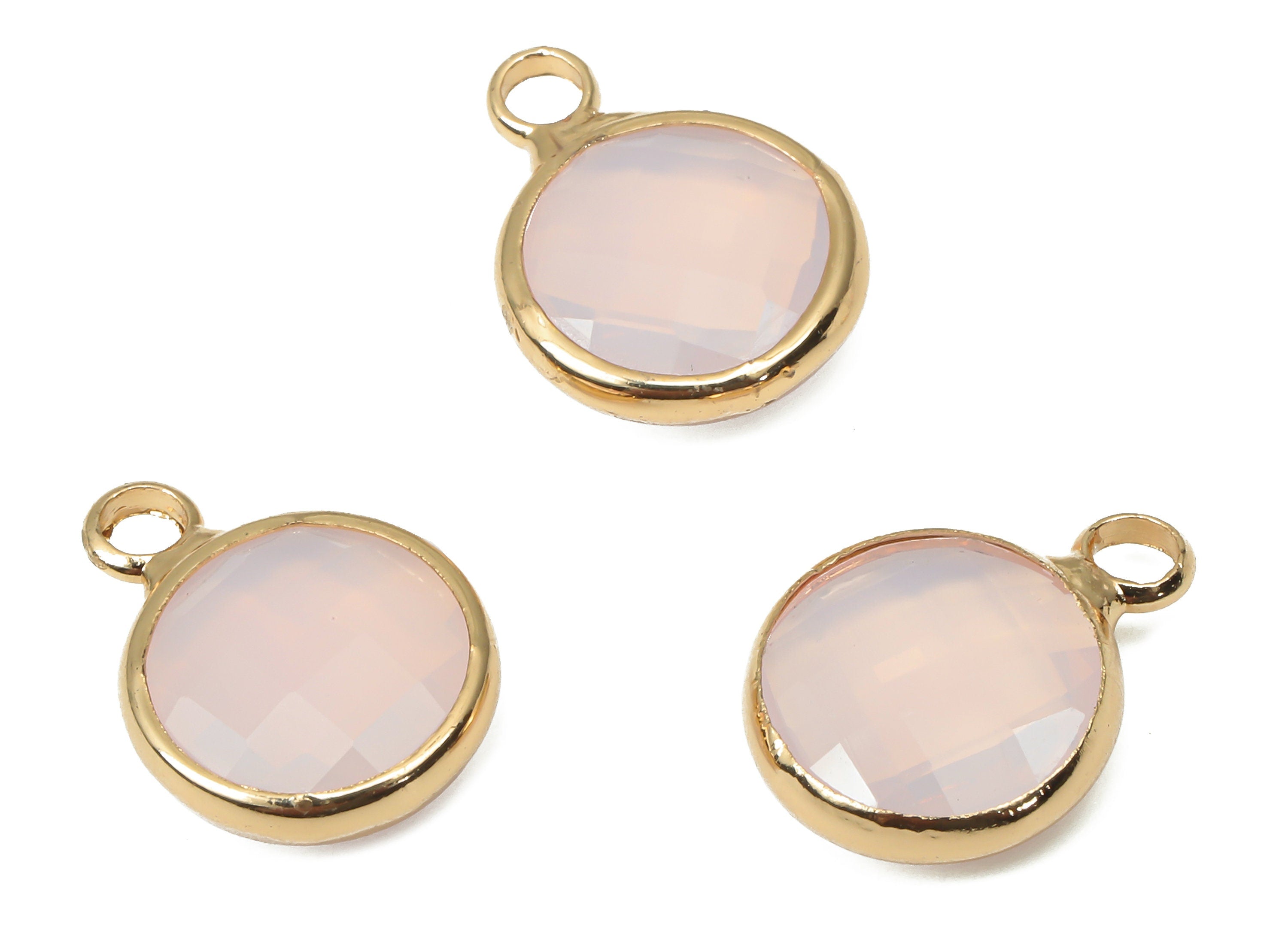 Brass Round Glass Pendant - Brass Frame Necklace Charm With Loop - Gold Tone Plating Earring - Faceted Pink Glass - 14.1x10.6x3.8mm -GS1141B - DOMEDBAZAAR