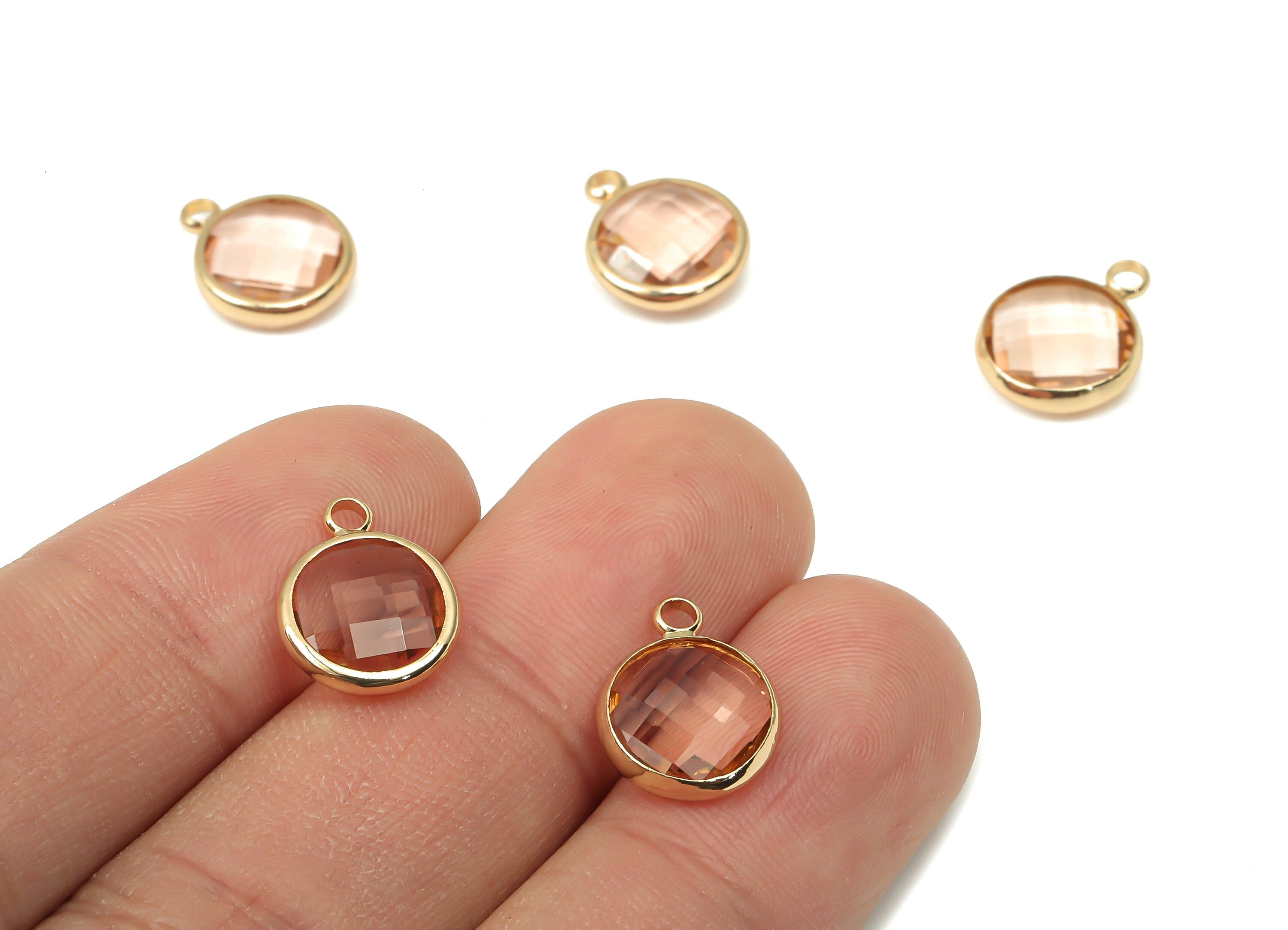 Brass Round Glass Pendant - Brass Frame Charm With Loop - Gold Tone Plating Earring - Faceted Mink Color Glass - 14.1x10.6x3.8mm - GS1141E - DOMEDBAZAAR