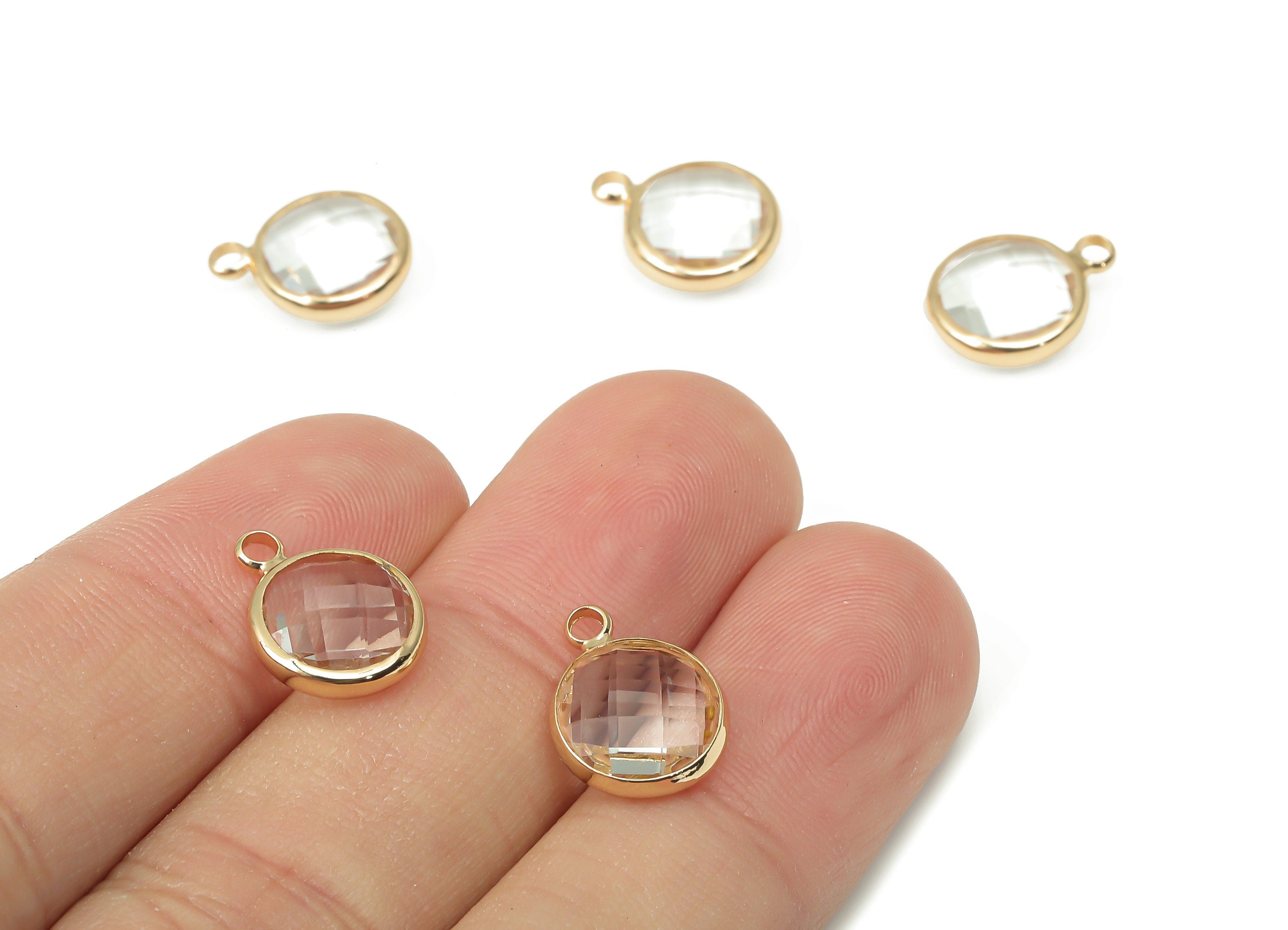 Brass Round Clear Glass Pendant - Brass Frame With Loop - Gold Tone Plating Earring - Faceted Transparent Glass - 14.1x10.6x3.8mm-GS1141J - DOMEDBAZAAR