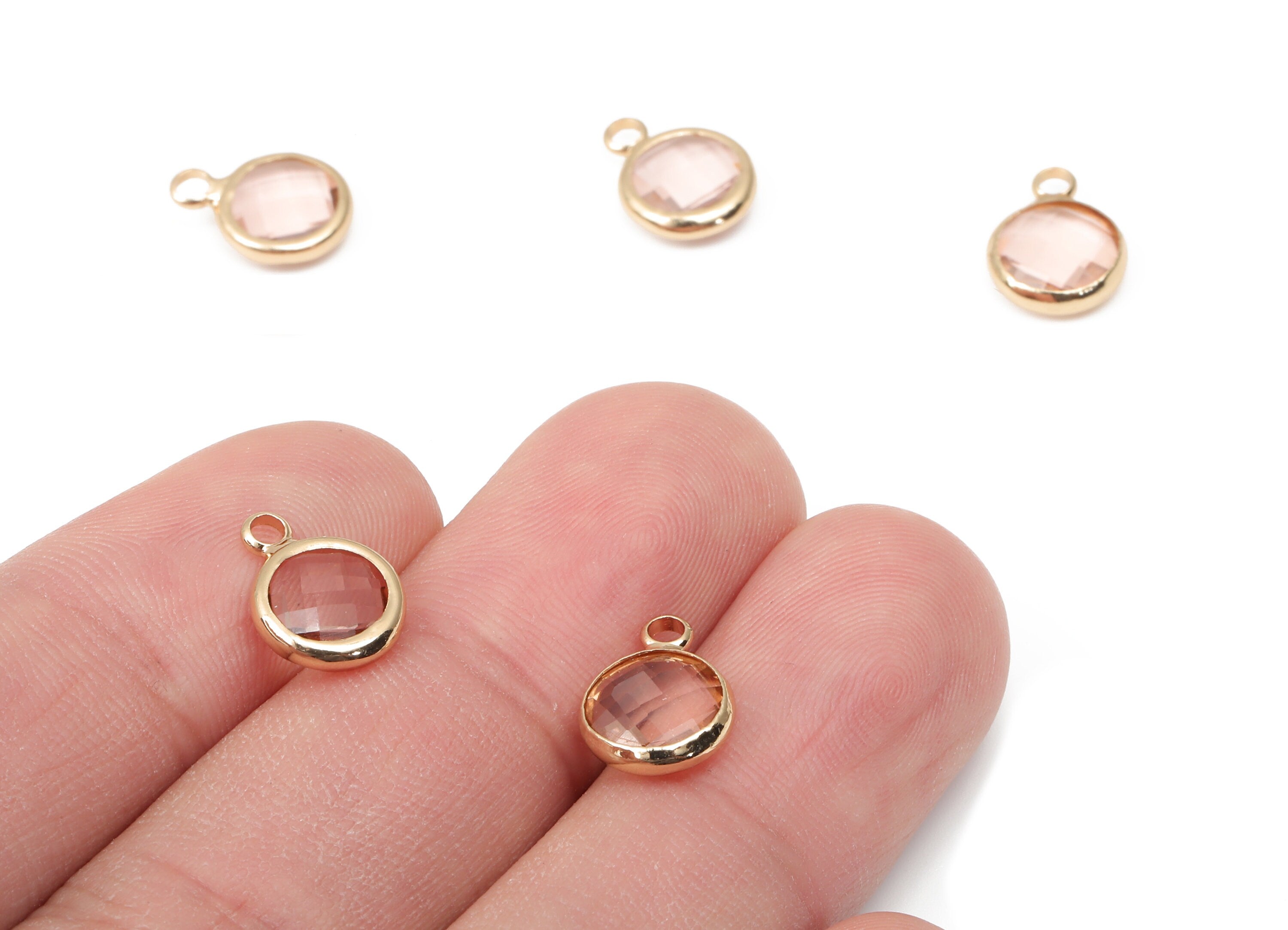 Brass Frame Glass Pendant - Round Frame Charm With Loop - Gold Tone Plating Earring - Faceted Clear Pink Glass - 11.5x8.7x3mm - GS1142C - DOMEDBAZAAR