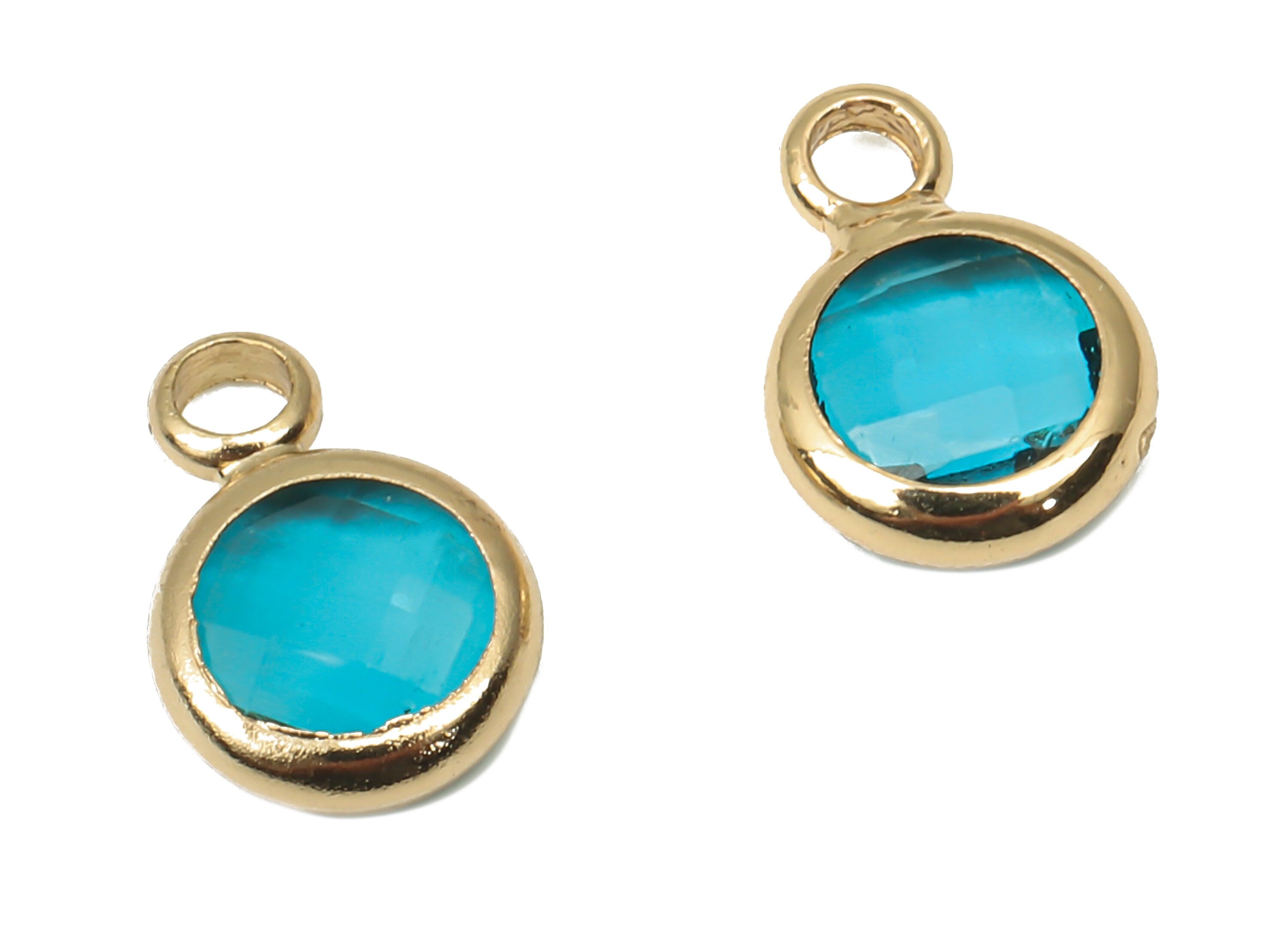Brass Frame Glass Pendant - Mini Round Frame Charm With Loop - Gold Tone Plating Earring - Faceted Clear Blue Glass - 9.6x6.5x2.6mm -GS1143G - DOMEDBAZAAR