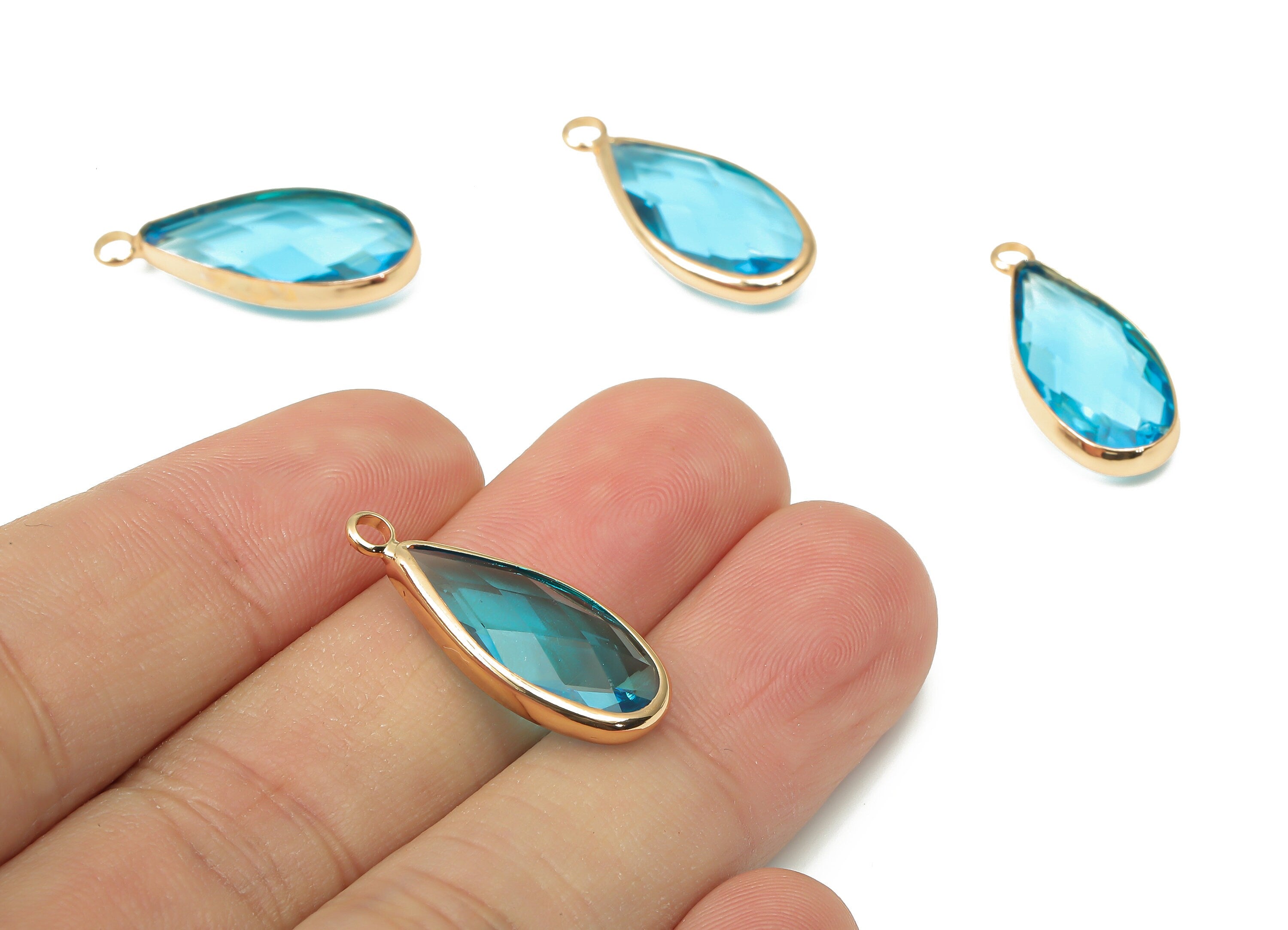 Brass Frame Teardrop Glass Pendant - Drop Charm With Loop - Gold Tone Plating Earring -Faceted Clear Blue Glass -24.1x10.7x4.5mm-GS1144B - DOMEDBAZAAR