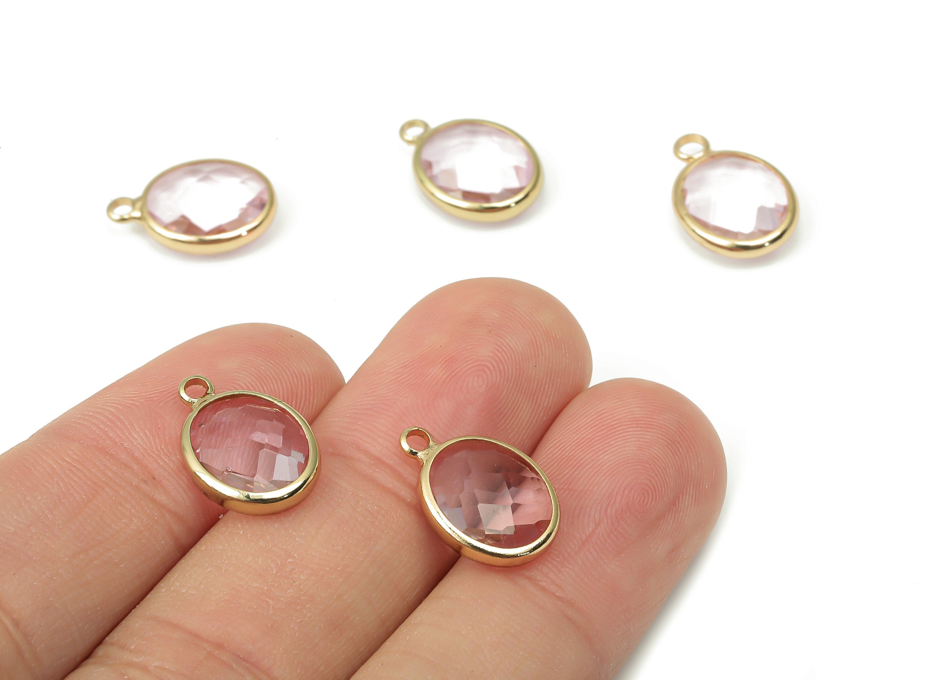 Brass Frame Oval Glass Pendant - Clear Pink Necklace - Charm With Loop - Gold Tone Plating Earring - Faceted Glass - 16.1x10.6x4.4mm-GS1145F - DOMEDBAZAAR