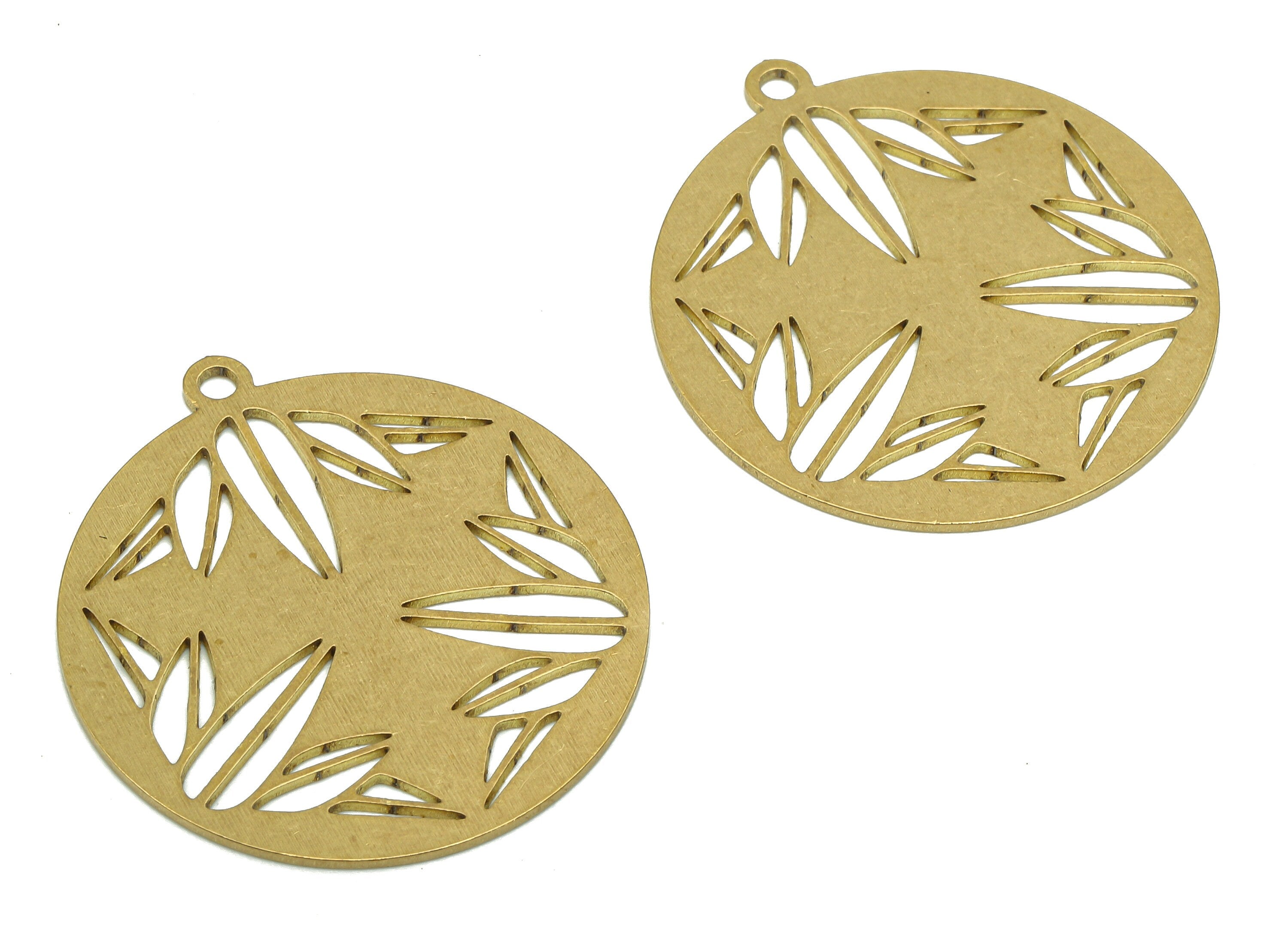 Brass Flower Round Earring - Raw Brass Cutout Earring - Circle Pendant With Loop - Botanic Bamboo Charm - 31.9x29.2x0.7mm - PPA5099 - DOMEDBAZAAR