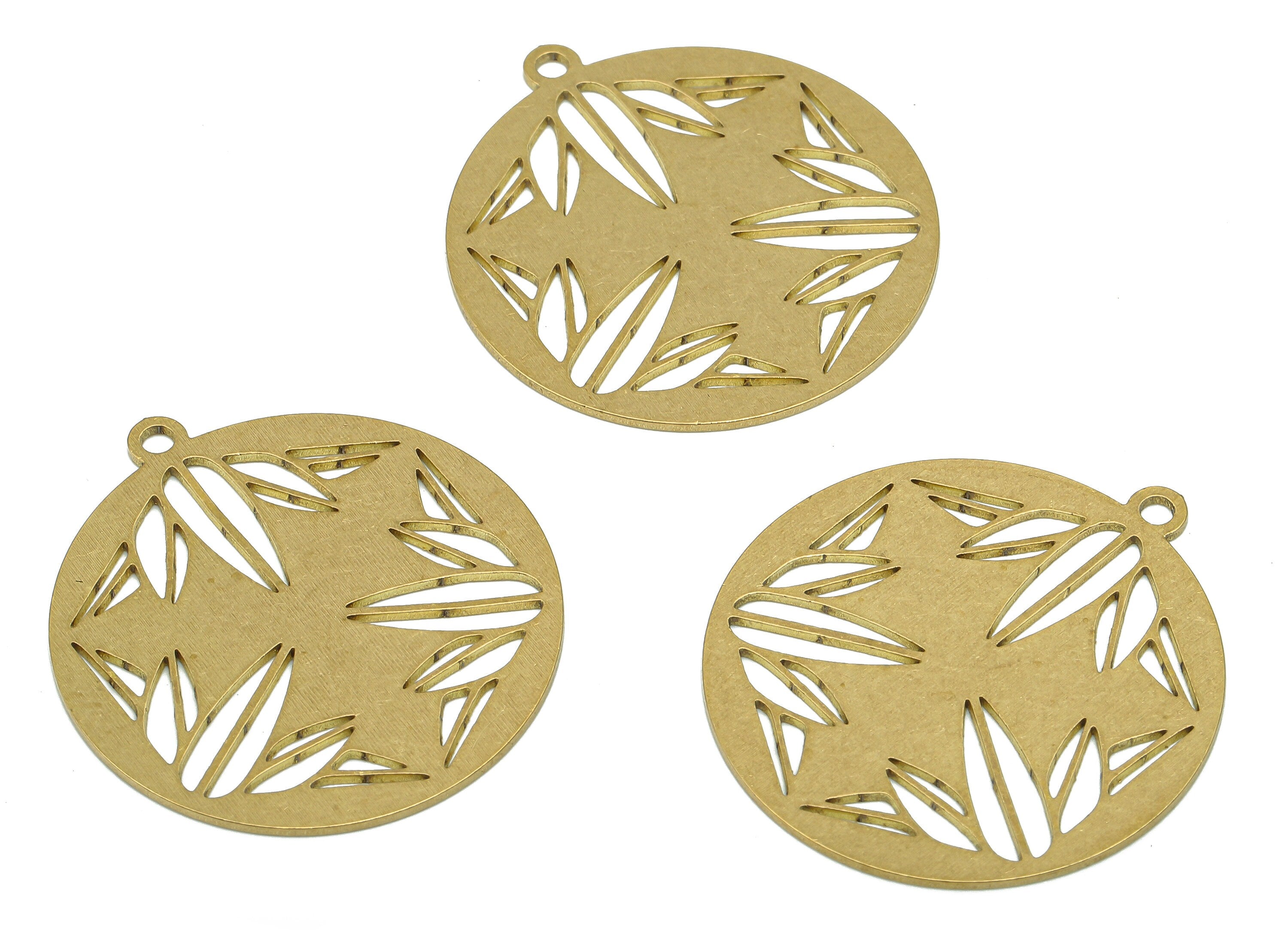 Brass Flower Round Earring - Raw Brass Cutout Earring - Circle Pendant With Loop - Botanic Bamboo Charm - 31.9x29.2x0.7mm - PPA5099 - DOMEDBAZAAR