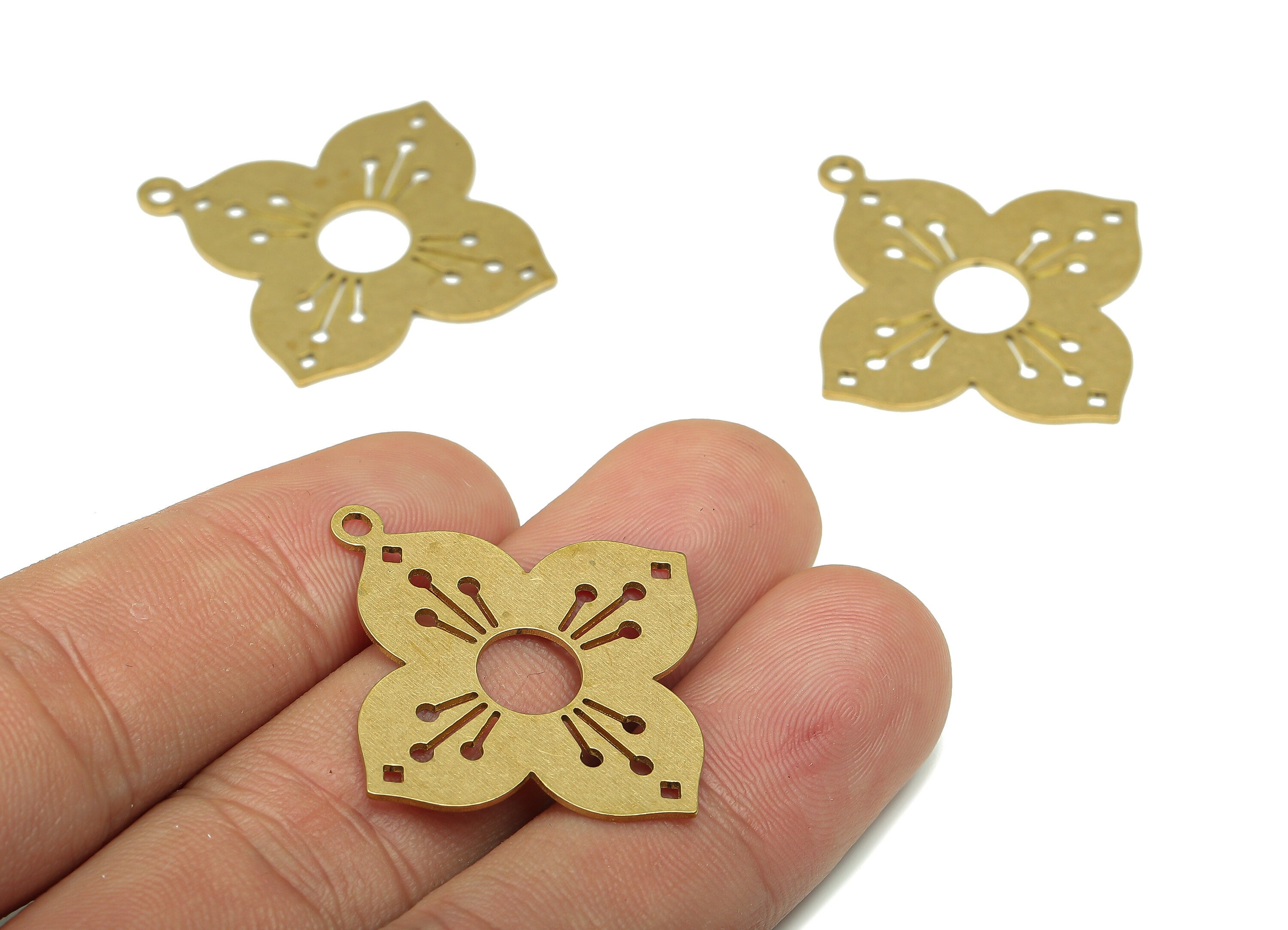 Brass Flower Earring Charms - Raw Brass Cutout Earring - Flower Pendant With Loop - For Necklace - 34.86x31.82x0.67mm - PPA5462 - DOMEDBAZAAR