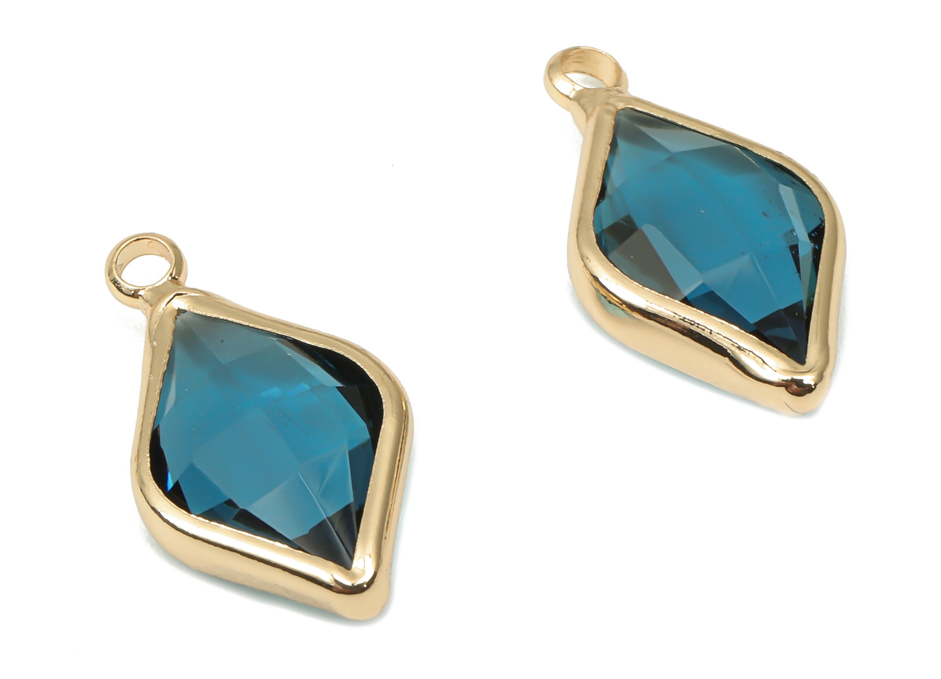 Brass Frame Glass Diamond Pendant - Clear Blue Rhombic Earring With Loop - Gold Tone Plating - Faceted Glass Leaf Charm -17.8x10x5mm-GS1146A - DOMEDBAZAAR