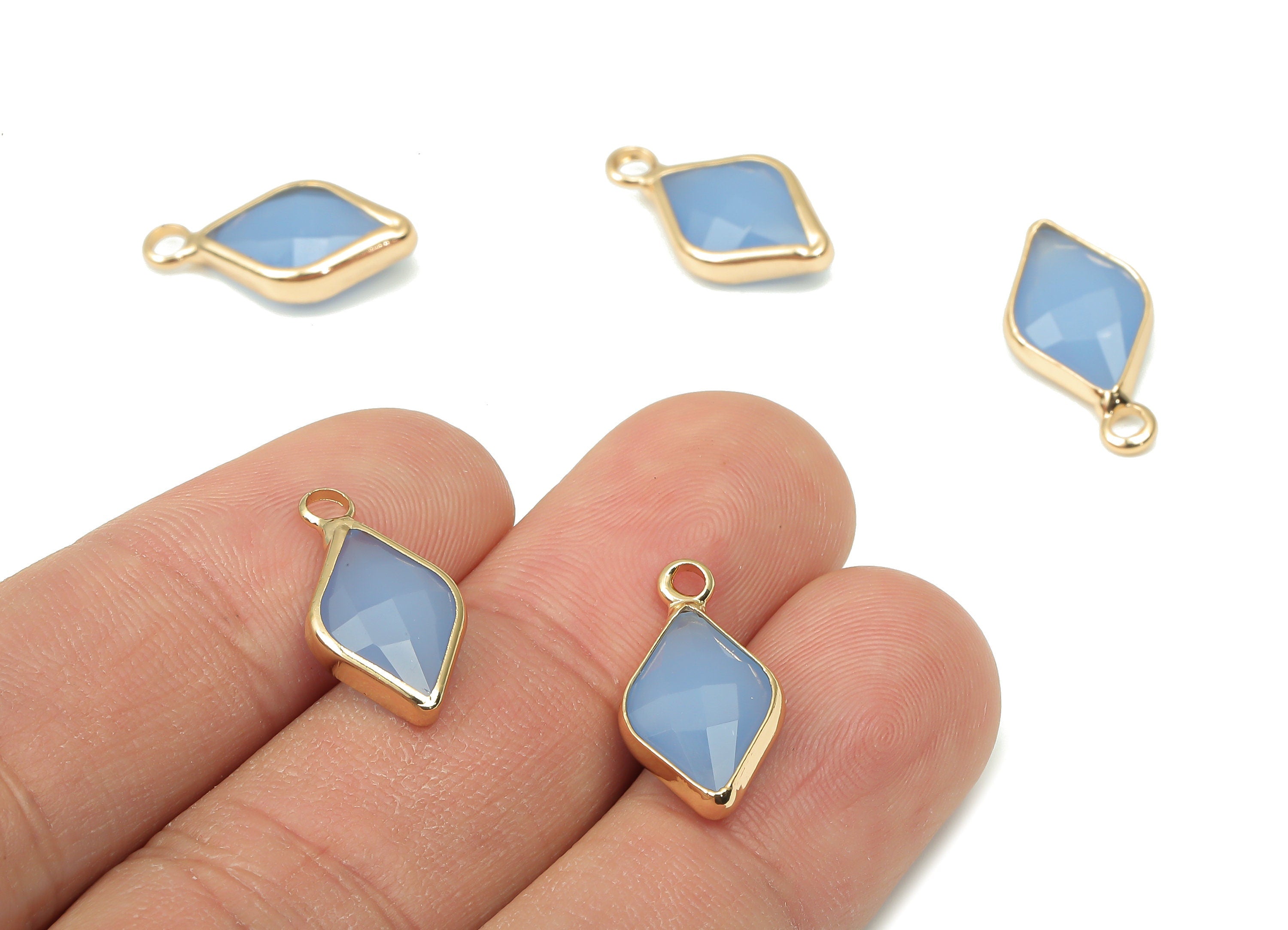 Brass Frame Glass Diamond Pendant - Light Blue Rhombic Earring With Loop - Gold Tone Plating - Faceted Glass Leaf Charm-17.8x10x5mm -GS1146C - DOMEDBAZAAR