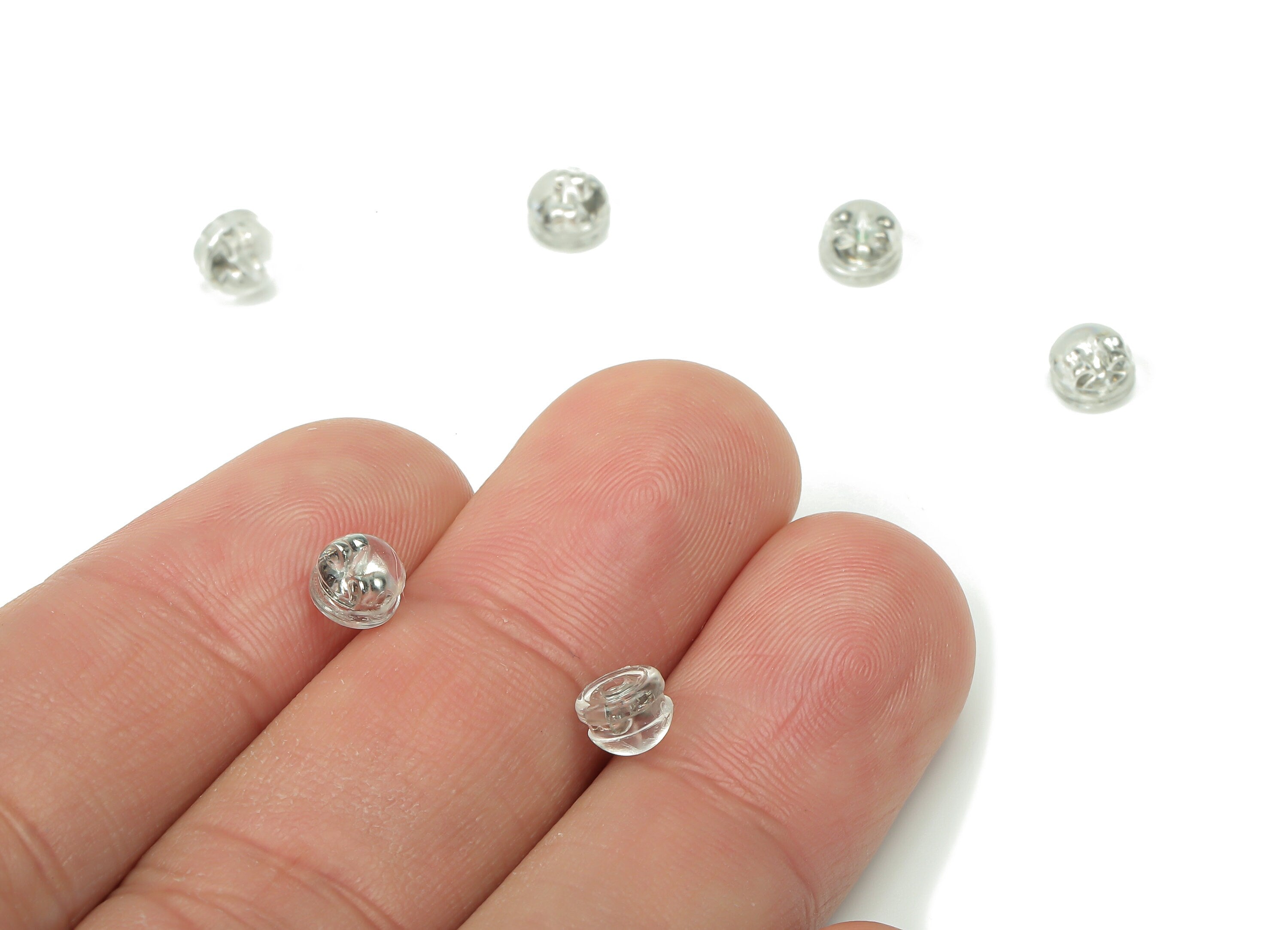Silicone Earring Stopper Nuts - Clear Rubber Earring Findings - Hamburger Earring Back - 304 Stainless Steel - 5.3x5.3x4.2mm - ES1019 - DOMEDBAZAAR
