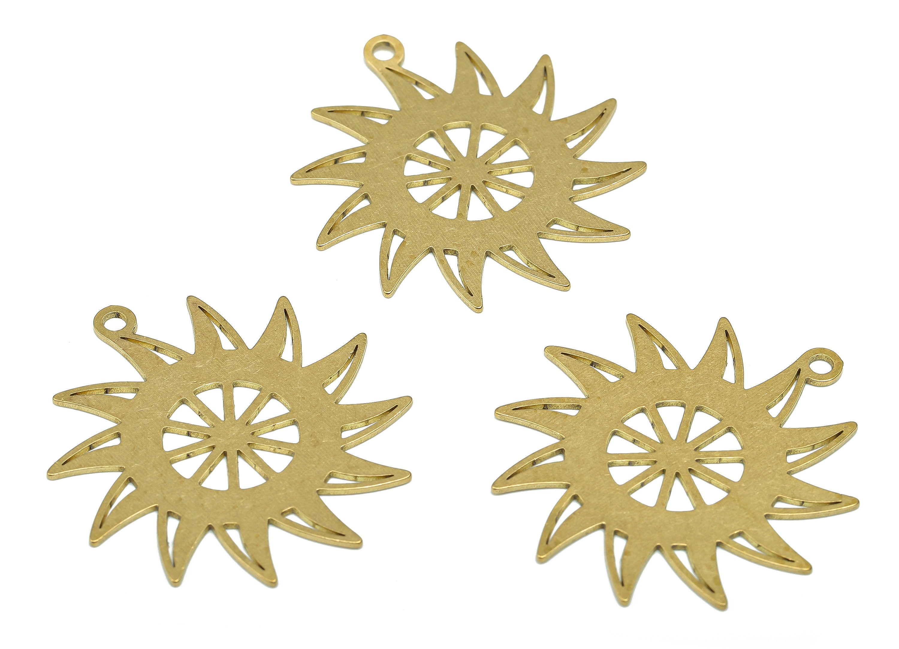 Brass Sun Cudder Charms - Raw Brass Windmill Cutout Earring - Circle Pendant With Loop - Round For Necklace - 34.81x32.57x0.73mm - PPA5475 - DOMEDBAZAAR