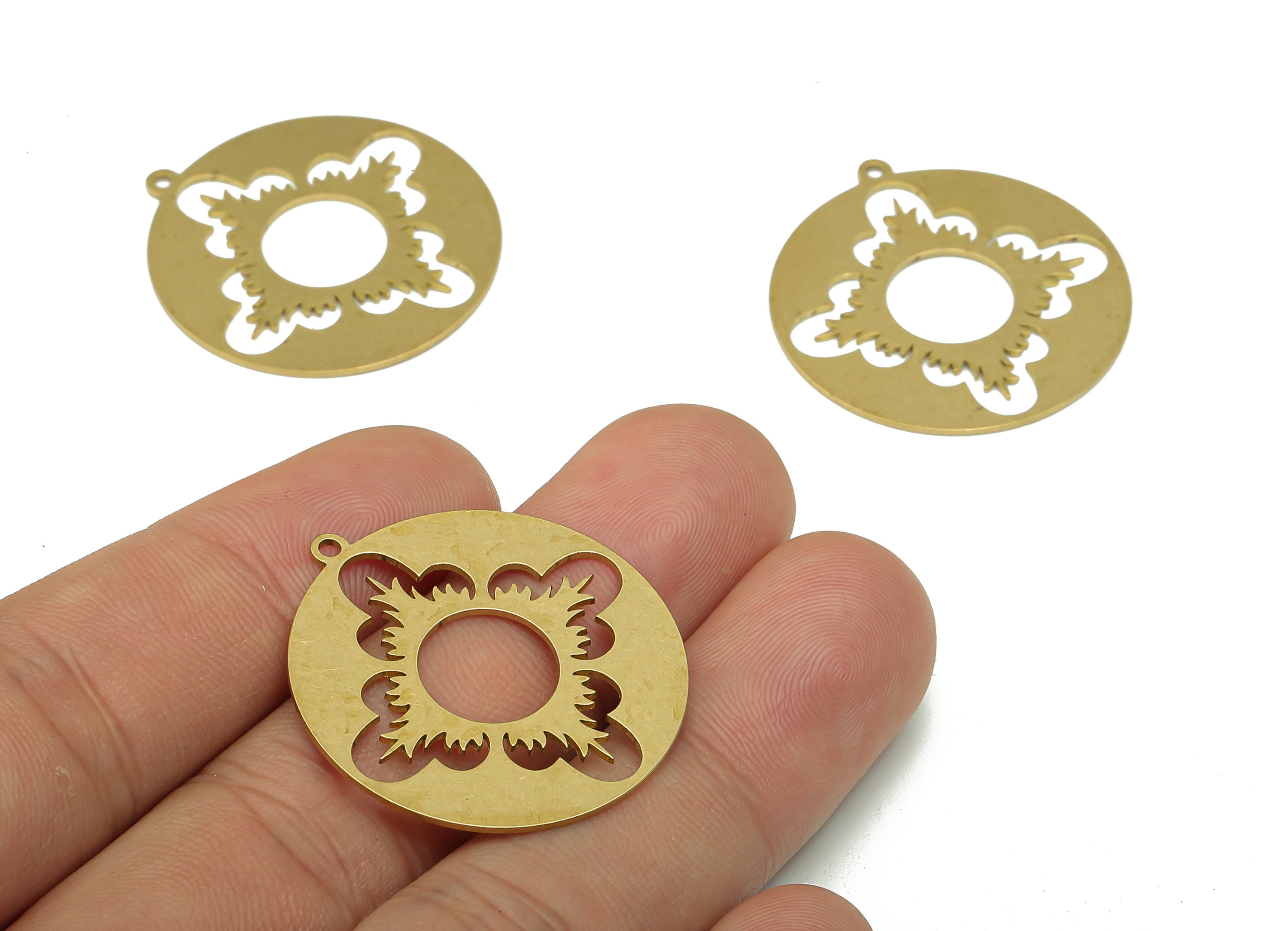 Brass Round Earring Charm - Raw Brass Cutout Earring - Circle Pendant With Loop - Flower Botanical For Necklace - 31.9x29.5x0.7mm - PPA5143 - DOMEDBAZAAR