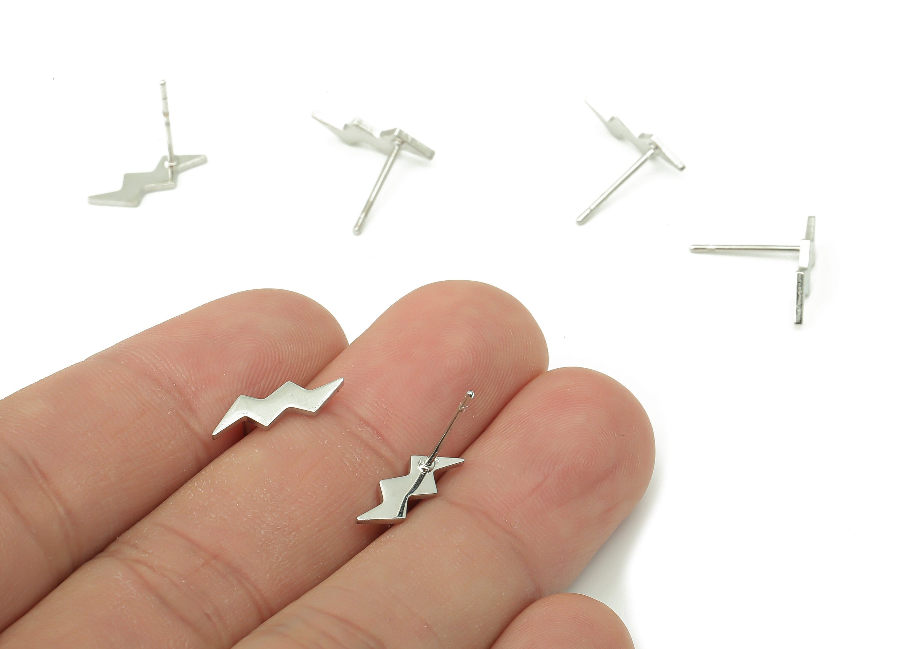 Steel Flash Earring Posts - Lightning Earring Stud - 316 Surgical Stainless Steel Stud - White Gold Tone Plated - 14.3x4.5x0.8mm - SS1376 - DOMEDBAZAAR