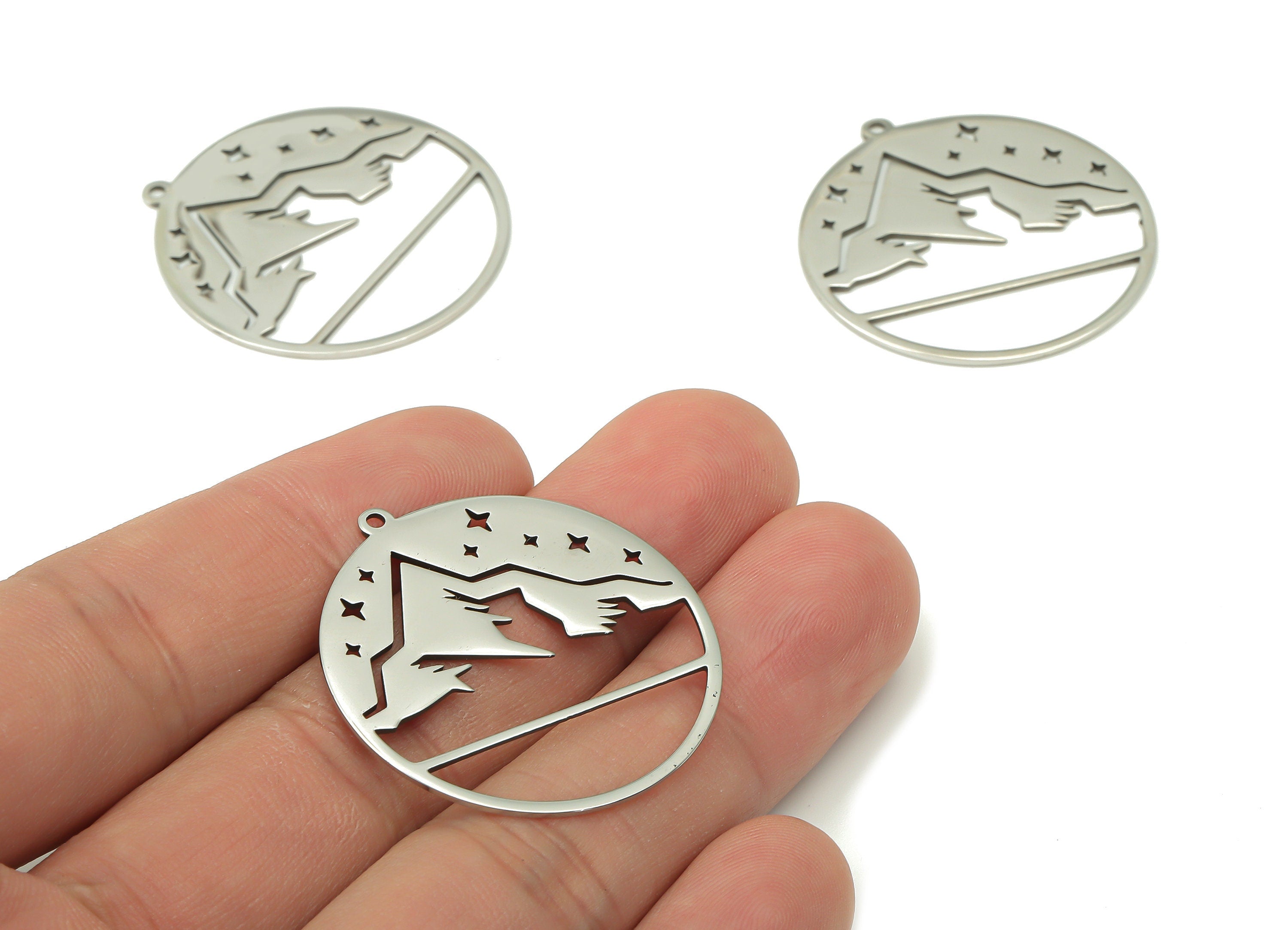 Steel Landscape Earring Charms - Mountain Star Pendant With Loop - 316 Stainless Steel - Steel Landscape Charm - 34.6x32.5x0.9mm - SS1380 - DOMEDBAZAAR