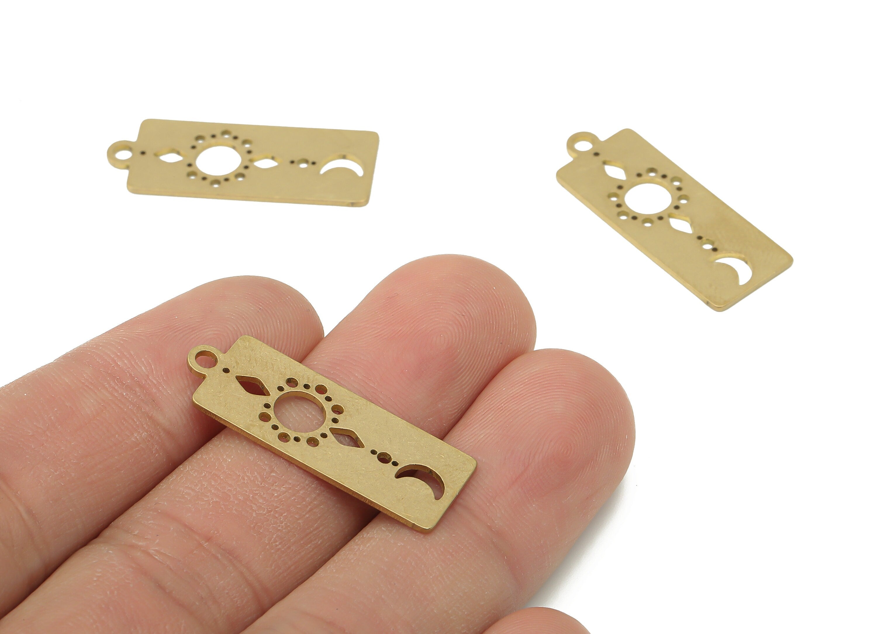 Brass Rectangle Moon Earring Charms - Raw Brass Star Earring - Planet Pendant - Crescent Charm For Necklace - 37.9x23.3x0.7mm - PPA3999 - DOMEDBAZAAR