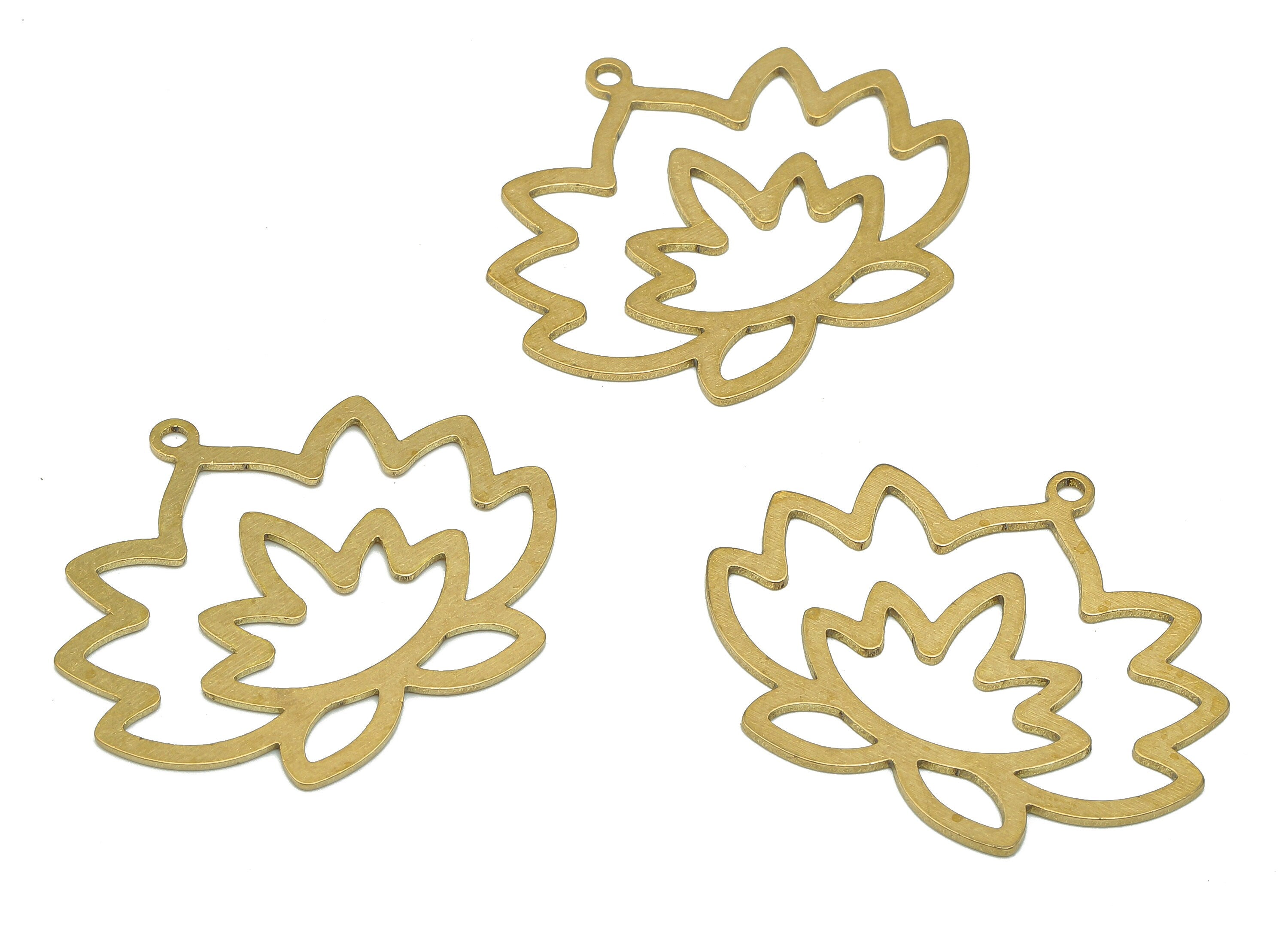 Brass Flower Earring Charms - Raw Brass Cutout Earring - Flower Pendant With Loop - Lotus Charm For Necklace - 25.88x31.71x0.66mm - PPA5381 - DOMEDBAZAAR