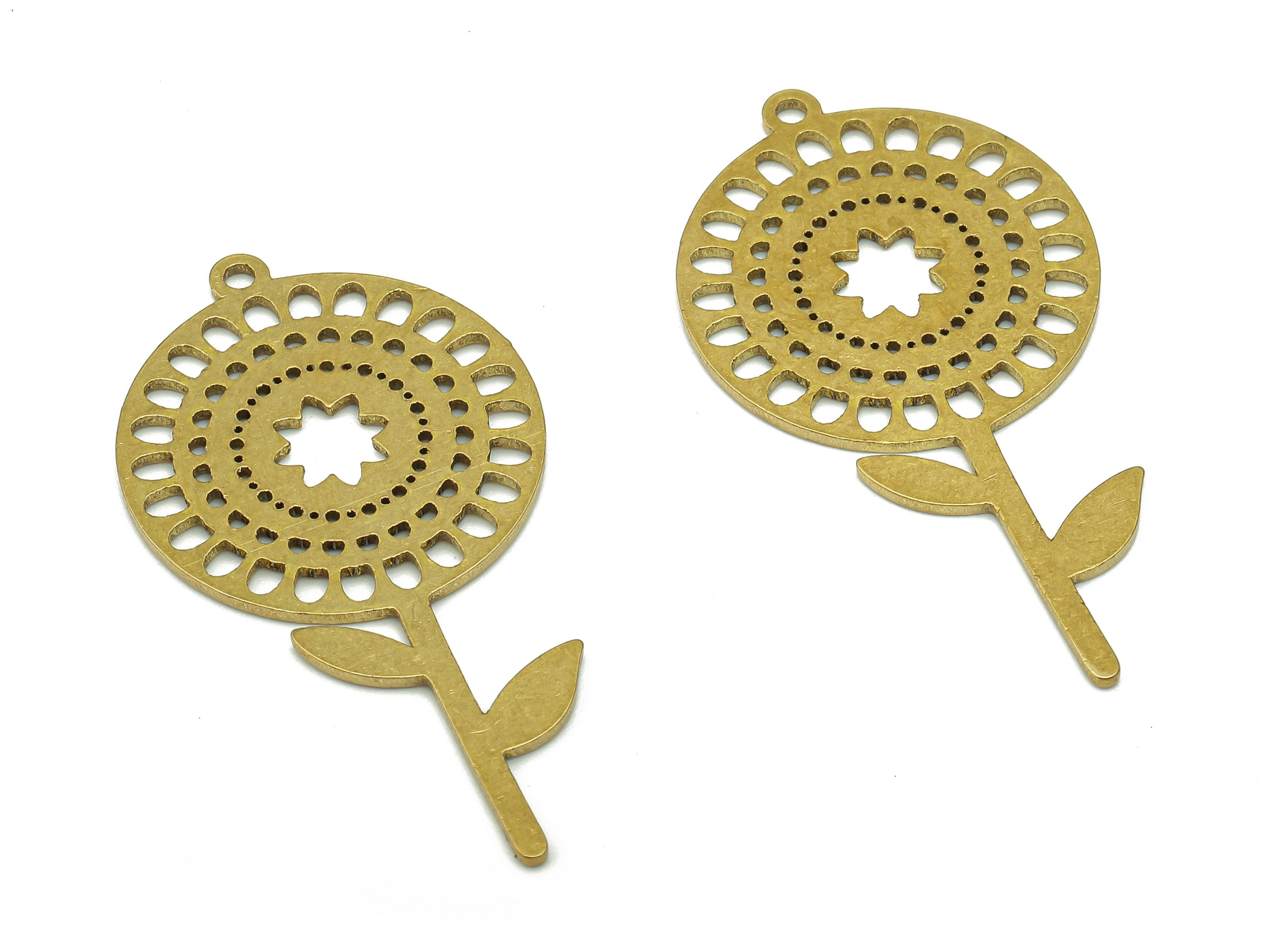 Brass Round Earring Charm - Raw Brass Cutout Earring - Circle Pendant With Loop - Sun Flower For Necklace - 37.74x20.14x0.9mm - PPA5409 - DOMEDBAZAAR