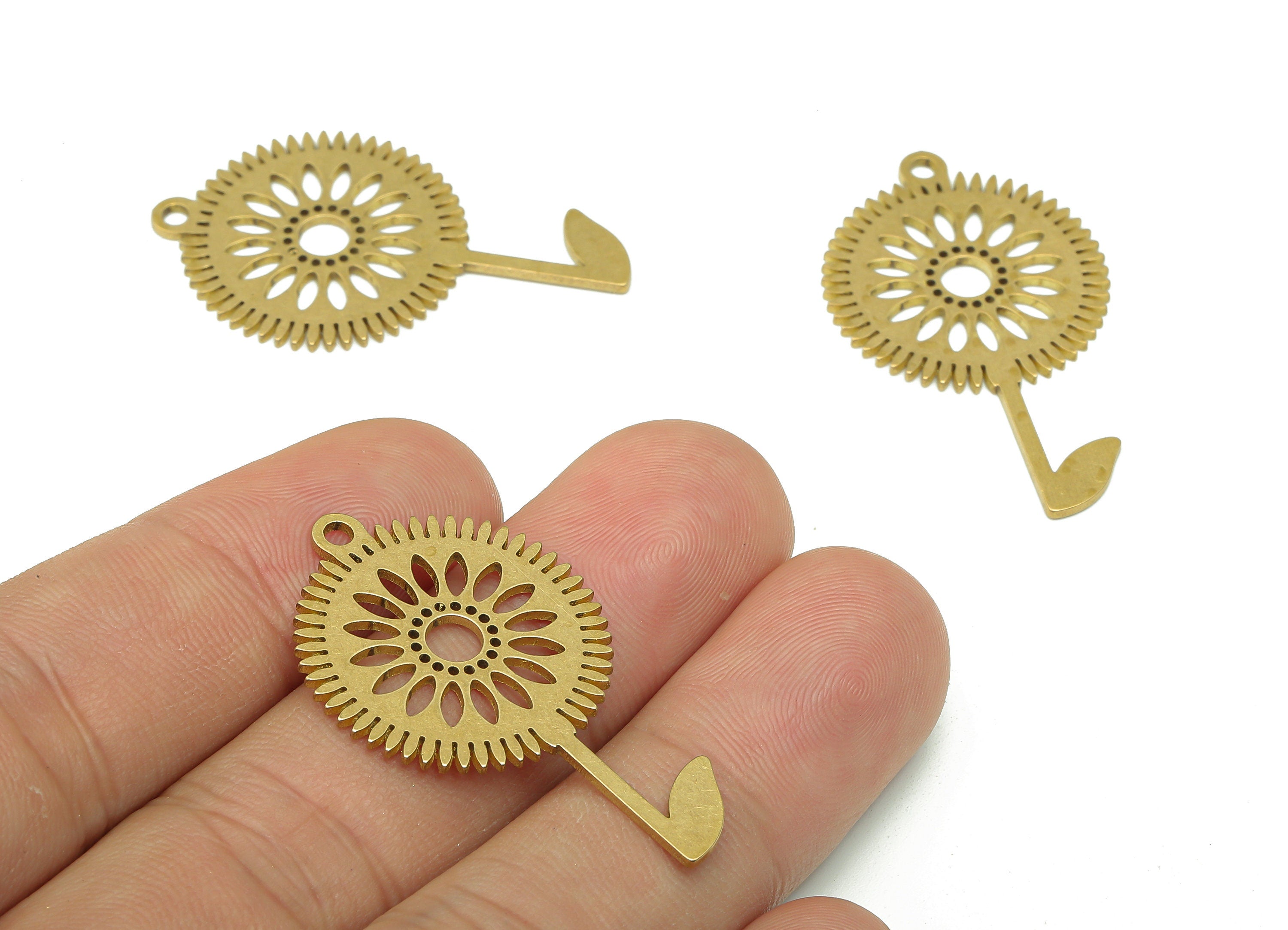 Brass Round Earring Charm - Raw Brass Cutout Earring - Circle Pendant With Loop - Sun Flower For Necklace - 37.93x22.44x0.87mm - PPA5407 - DOMEDBAZAAR