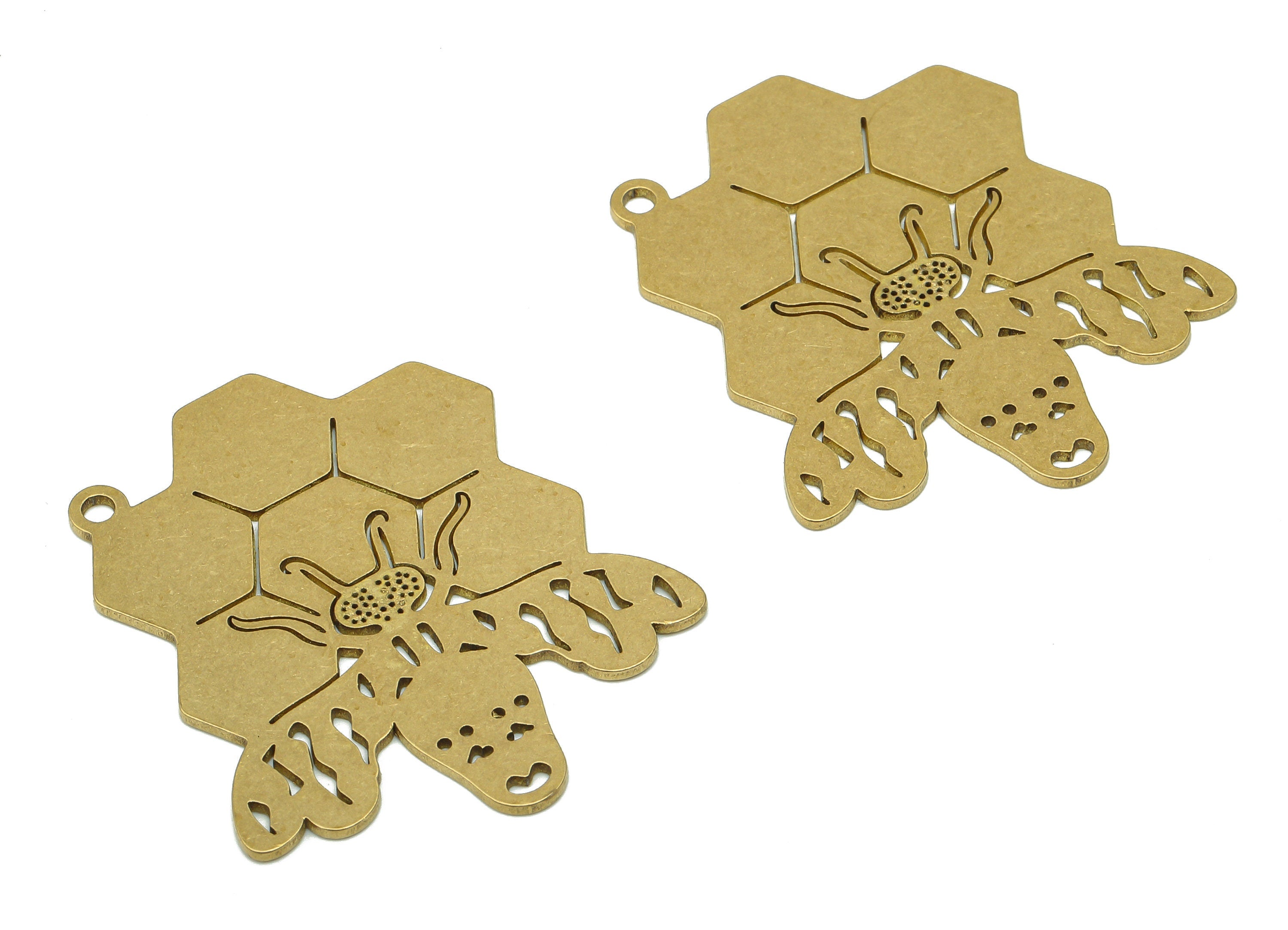 Brass Bee Earring Charm - Raw Brass Cutout Earring - Honeycomb Pendant With Loop - Insect Charm For Necklace - 38.86x33.05x0.84mm - PPA5600 - DOMEDBAZAAR