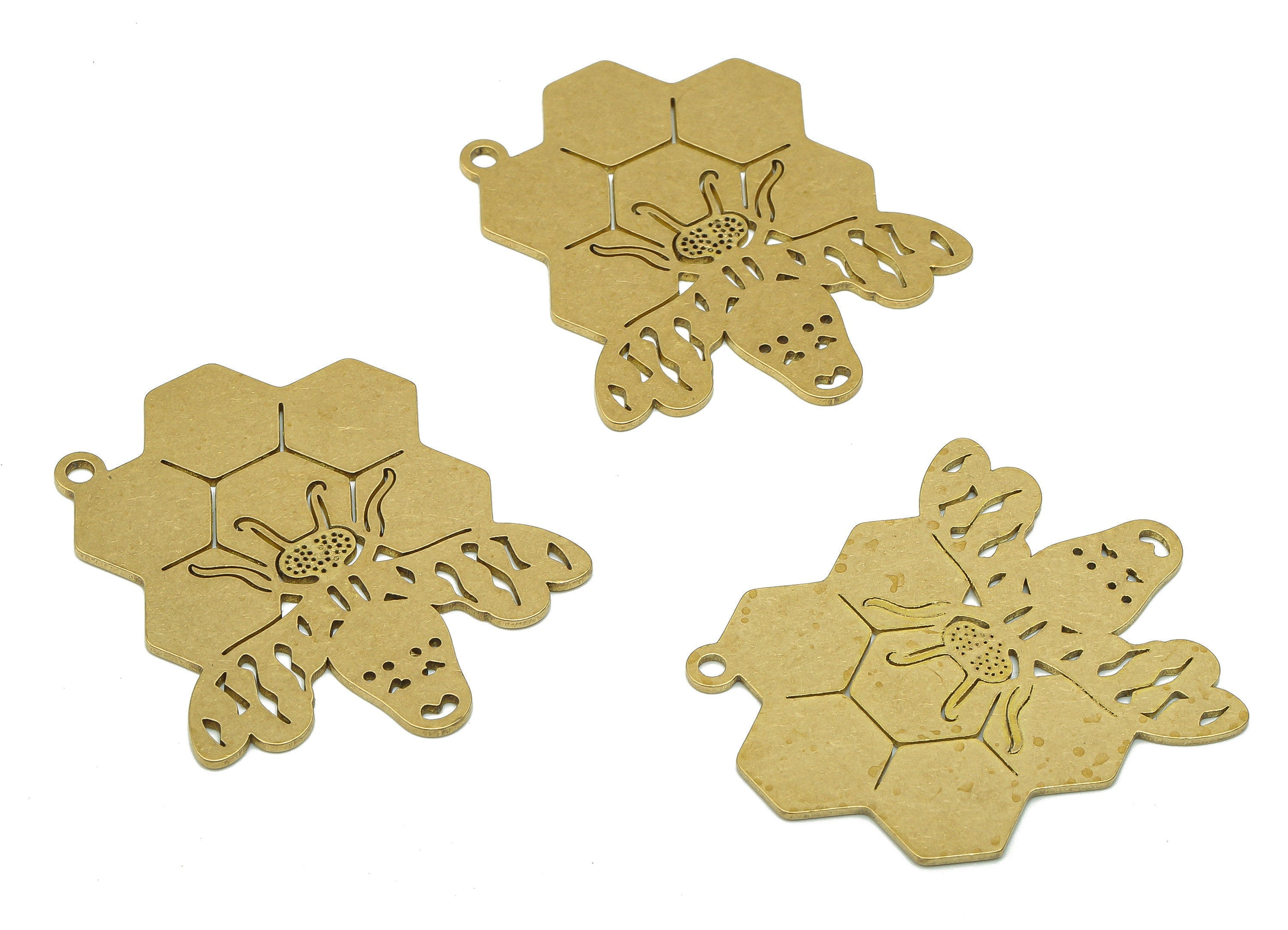 Brass Bee Earring Charm - Raw Brass Cutout Earring - Honeycomb Pendant With Loop - Insect Charm For Necklace - 38.86x33.05x0.84mm - PPA5600 - DOMEDBAZAAR