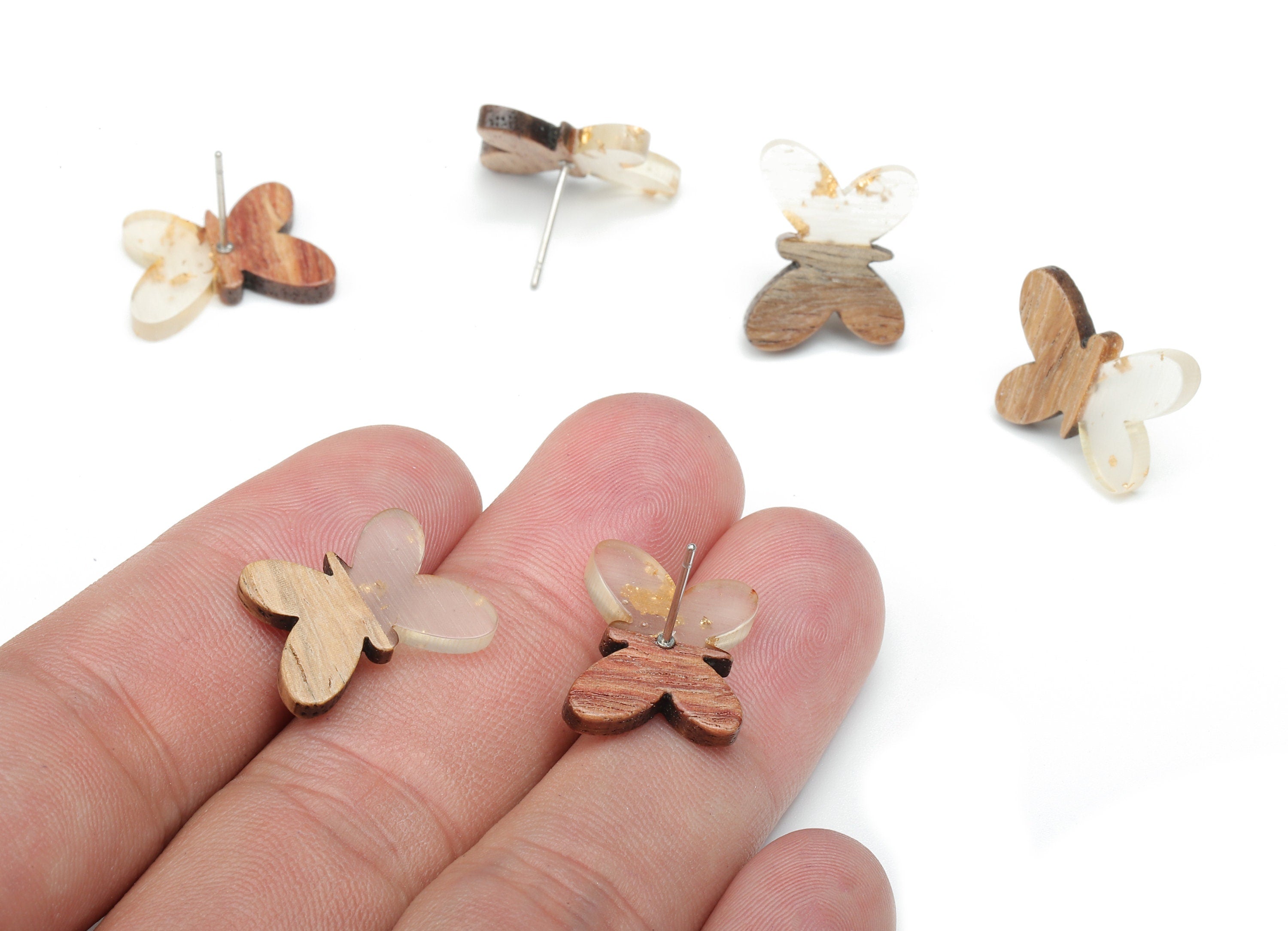 Natural Wooden Butterfly Earring Stud - Walnut Wood Clear With Gold Foil Resin Post - 316 Stainless Steel Stud - 18.13x13.48x3.17mm -BB1273G - DOMEDBAZAAR