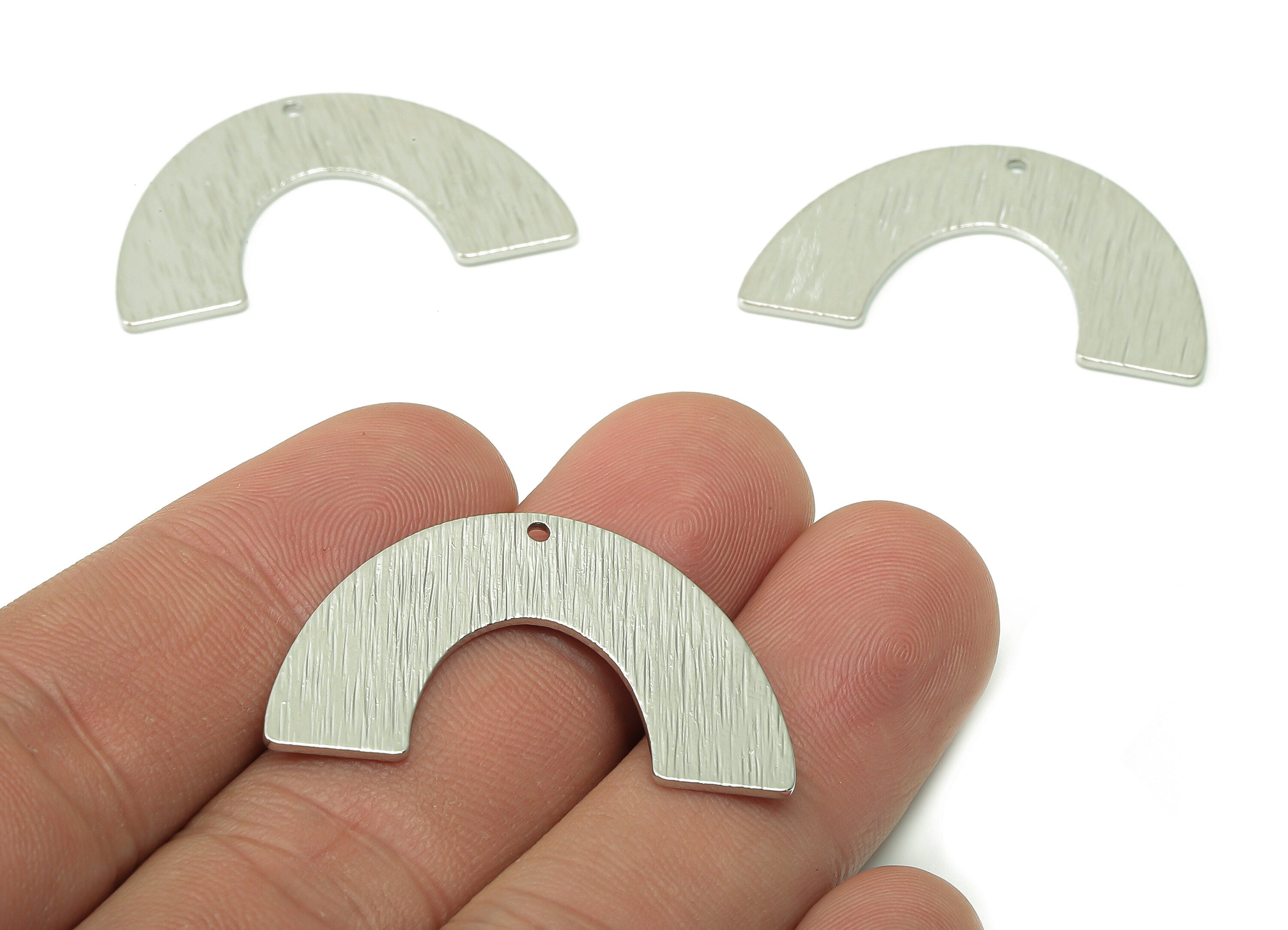 Brass Textured Semicircle Connector - Half Moon Earring - Rainbow Charm For Necklace - Silver Tone Plating - 34.2x21.3x0.8mm - PP3383S - DOMEDBAZAAR