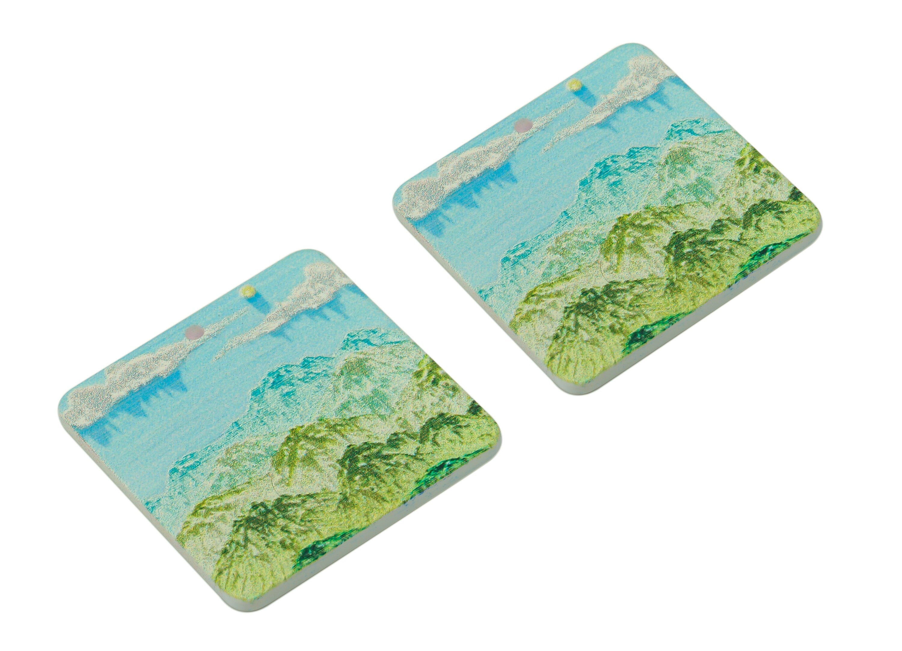 Acrylic Square Landscape Pendant - Acrylic Trees Mountain Earring - Sky Cloud Earring Charm - Landscape Painting Charm - 30x30x2.1mm-AC2526A - DOMEDBAZAAR