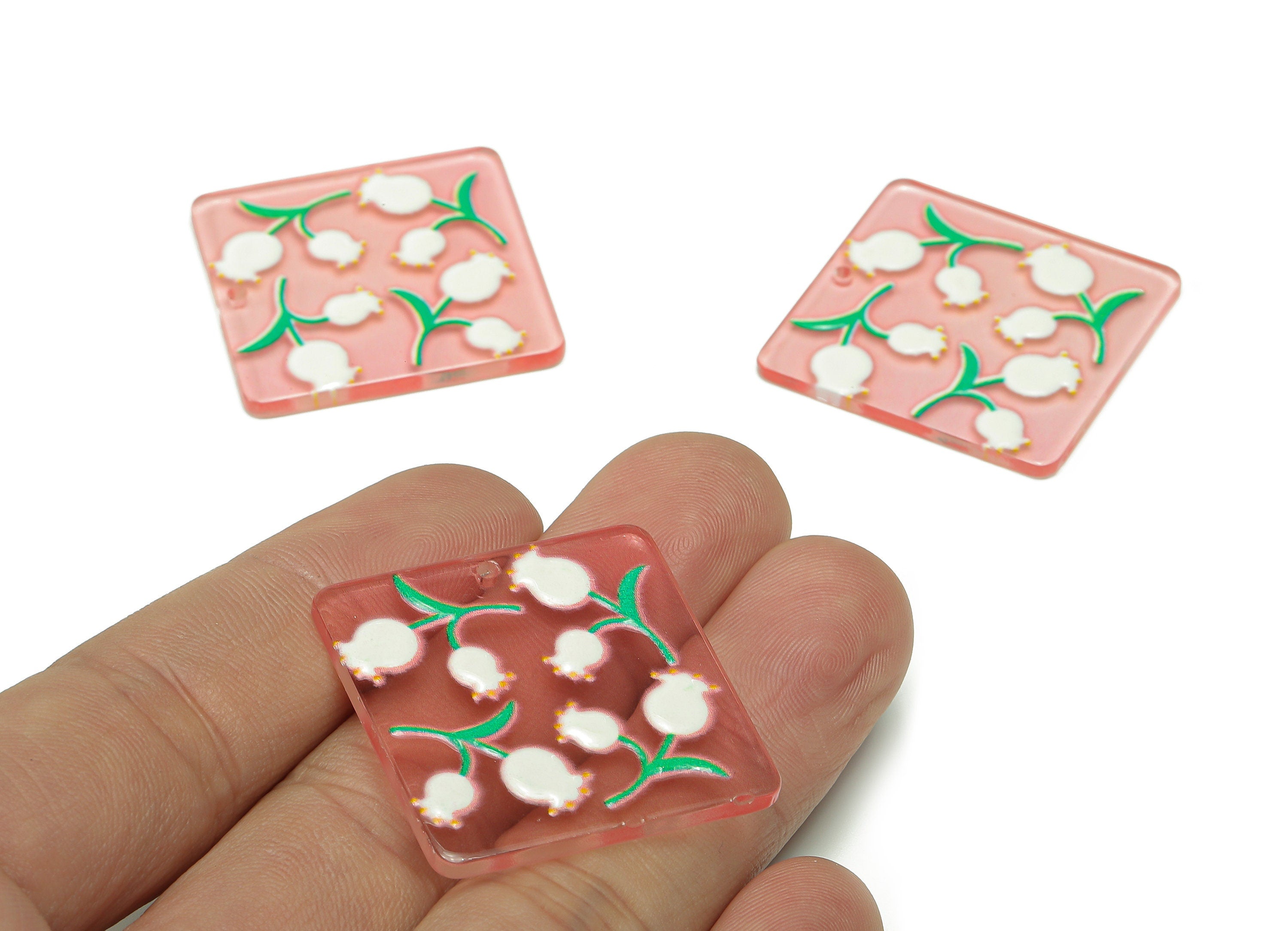 Acrylic Pink Square Flower Pendant - Acrylic White Rose Earring - Rose Bush Earring Charm - Flower Bush Charm - 30x30x2.1mm-AC2526B - DOMEDBAZAAR