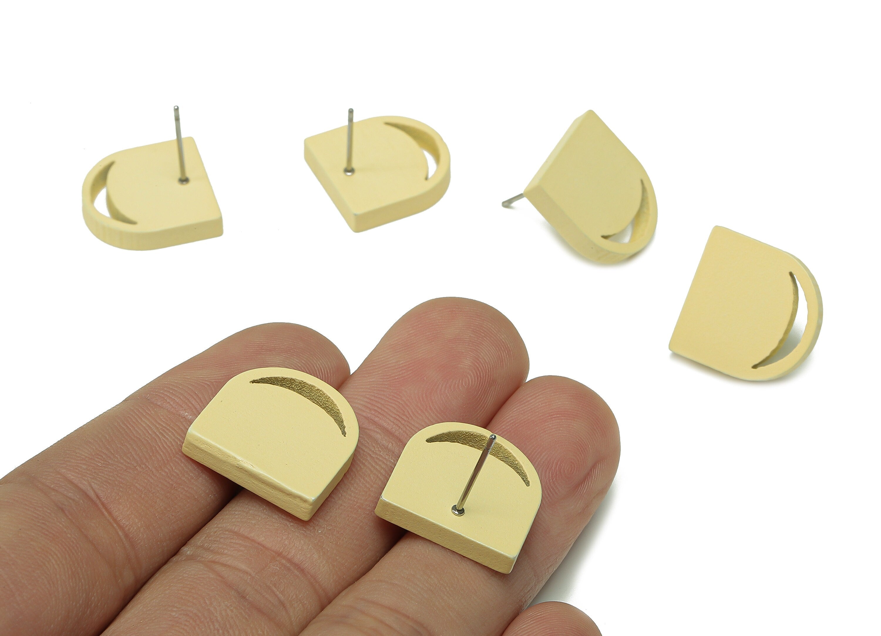 Hemu Wood Domed Earring Stud - Yellow Domed Earring Post - Stainless Steel Stud - Crescent Hollow Out Earring - 16.5x16.5x3.3mm - BB1278A - DOMEDBAZAAR