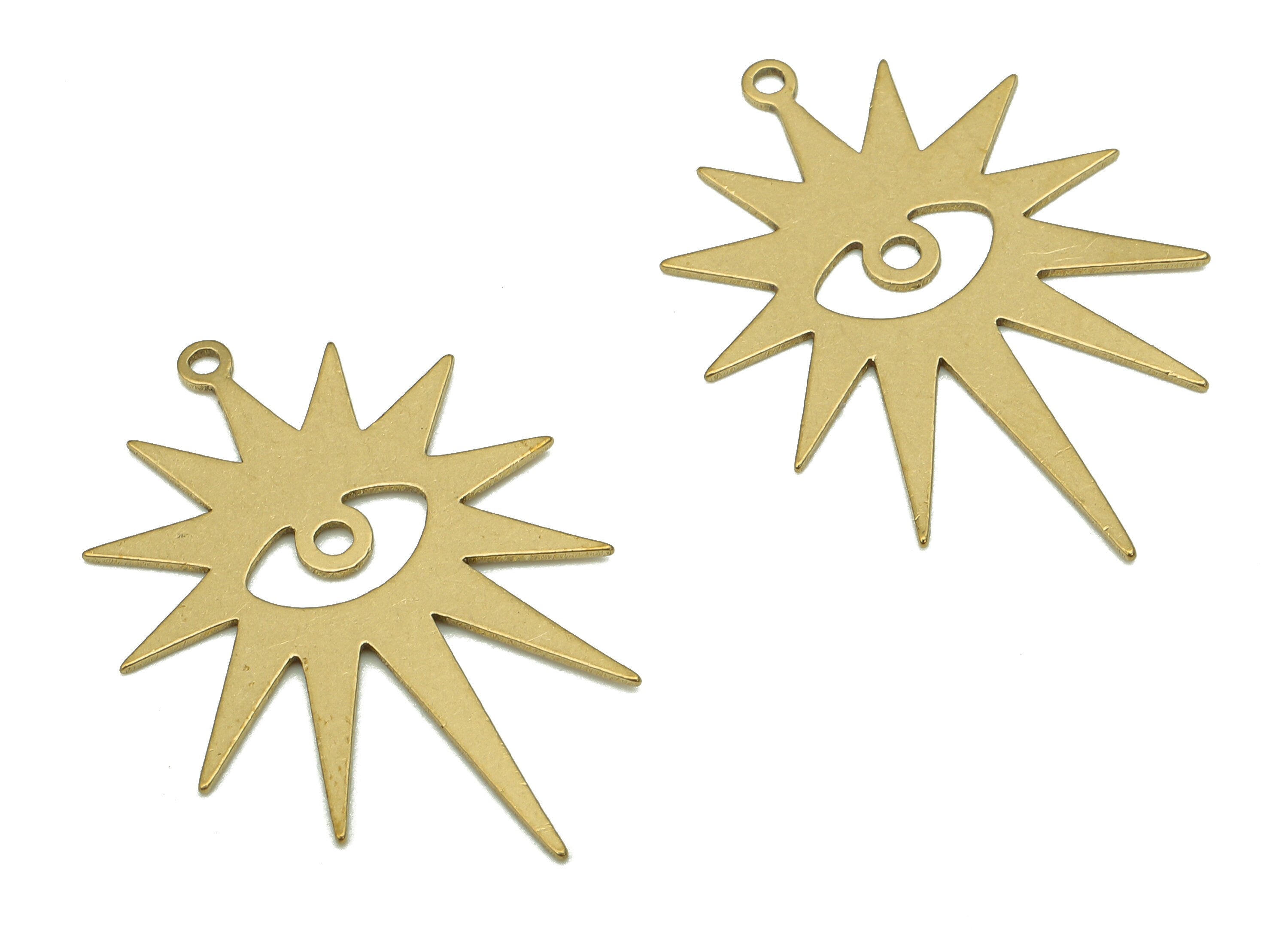 Brass Eye Earring Charm - Raw Brass Eyelashes Earring - Sun Eye Pendant With Loop - Sun Eye Charm For Necklace - 29.65x20.46x0.52mm-PP7967 - DOMEDBAZAAR