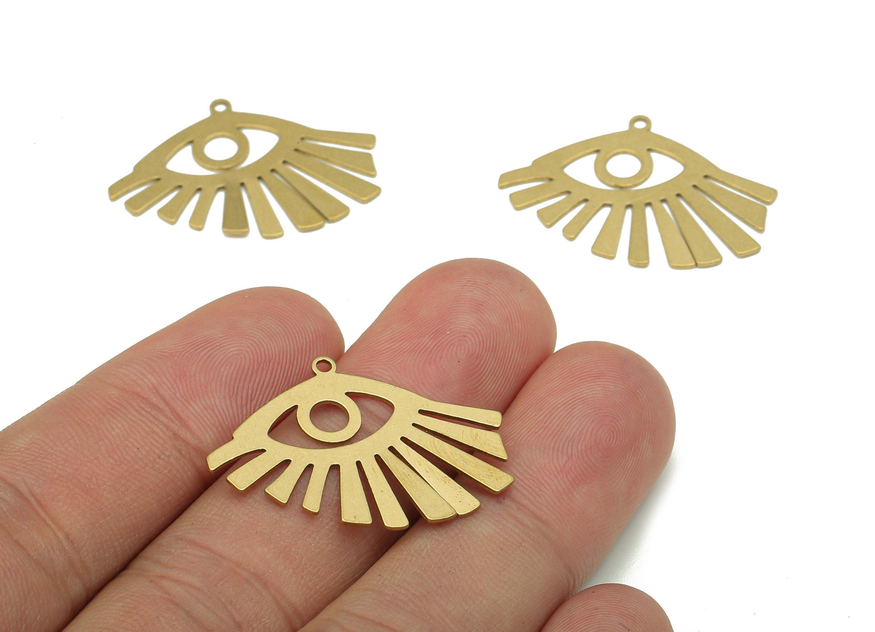 Brass Eye Earring Charm - Raw Brass Eyelashes Earring - Sun Eye Pendant With Loop - Eye Charm For Necklace - 29.72x21.6x0.55mm-PP7969 - DOMEDBAZAAR
