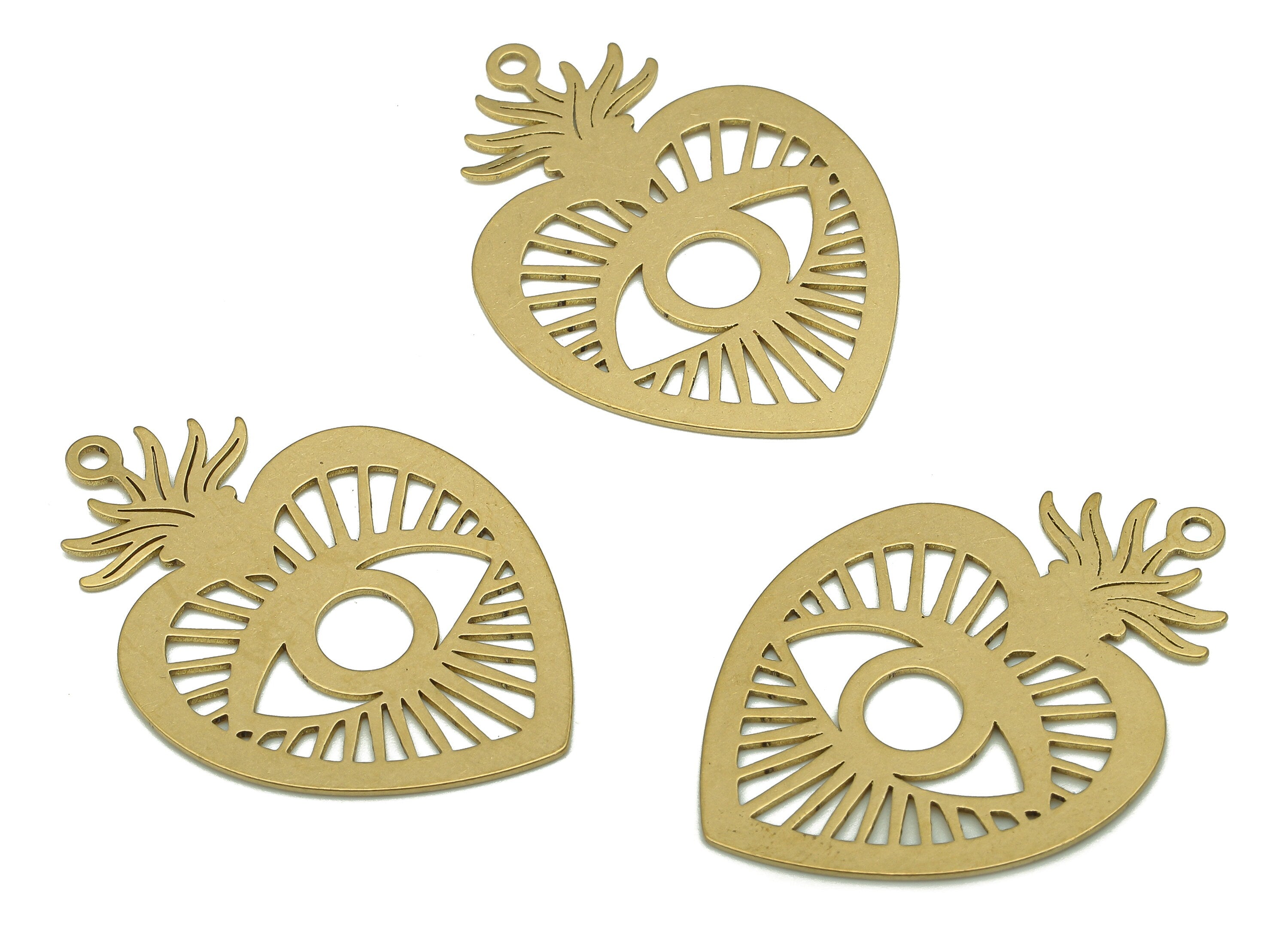 Brass Eye Earring Charm - Raw Brass Heart Earring - Sun Eye Pendant With Loop - Strawberry Charm For Necklace - 34.77x24.09x0.58mm - PP7970 - DOMEDBAZAAR